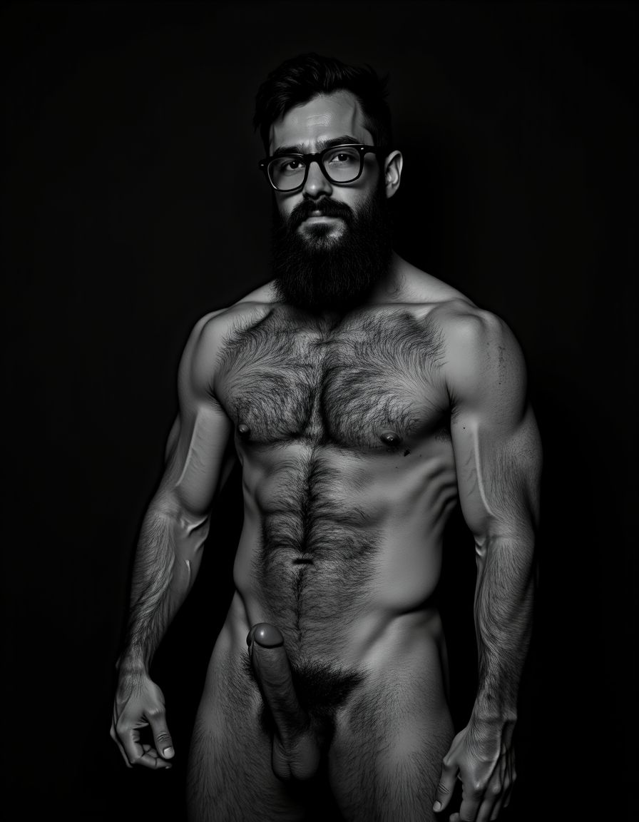 Fotografía hiperrealista en blanco y negro de un hombre adulto musculoso a la vista desde los pies hasta la cabeza, tiene cuerpo muy delgado con músculos marcados y definidos, rostro masculino, está totalmente desnudo con polla erecta de treinta centímetros de longitud y ocho centímetros de diámetro, tiene rasgos marcados duros expresivos, barba densa poblada tupida oscura estilo hipster cubriendo completamente mandíbula mentón mejillas con grosor uniforme textura abundante muy definida, bigote denso tupido oscuro conectado perfectamente con la barba completa cubriendo completamente el labio superior, pelo oscuro medio peinado completamente recto hacia arriba con volumen considerable estilo hipster moderno quiff puntas verticales texturizadas hacia el cielo con altura prominente, cejas gruesas oscuras pobladas muy marcadas definidas, gafas de montura completa negra cuadradas grandes estilo hipster moderno sobre el puente de la nariz enmarcando unos ojos oscuros intensos que miran directamente a cámara con expresión seria penetrante confiada, expresión facial seria masculina sin sonrisa con mirada directa desafiante, pómulos marcados definidos angulares, nariz recta proporcionada, labios medios apenas visibles completamente cubiertos por bigote denso que conecta con la barba hipster completa, torso desnudo muy musculoso con pectorales enormes desarrollados y definidos, hombros anchos musculosos deltoide prominentes, brazos musculosos marcados y bien definidos con bíceps y tríceps marcados visibles a ambos lados del cuerpo, abdomen tonificado marcado visible con cintura delgada marcada, piel con textura realista detallada poros imperfecciones sutiles, vello corporal denso oscuro abundante cubriendo pectorales abdomen brazos hombros con textura natural masculina muy visible. Tiene un  tatuaje en tinta negra en el bíceps del brazo derecho en tipografía negra sans-serif de tamaño mediano y proporcionado de forma clara y legible sobre la piel del bíceps del brazo derecho con las siguientes letras: hipsterbarba. Iluminación dramática lateral direccional que crea contraste alto marcado entre luces brillantes y sombras profundas resaltando la estructura facial angular la barba hipster densa las gafas cuadradas grandes el vello corporal abundante la musculatura del torso los brazos.  Tiene un  tatuaje en tinta negra en el bíceps del brazo derecho en tipografía negra sans-serif de tamaño mediano y proporcionado de forma clara y legible sobre la piel del bíceps del brazo derecho con las siguientes letras: hipsterbarba. Fondo completamente oscuro negro liso uniforme desenfocado sin distracciones, fotografía analógica en color de alto contraste con grano fotográfico sutil visible estilo retrato hipster masculino fitness, enfoque nítido absoluto perfecto en el rostro especialmente en los ojos detrás de las gafas la barba hipster densa el bigote tupido el pelo vertical el vello corporal el torso con músculos muy marcados y muy definidos. Tiene un  tatuaje en tinta negra en el bíceps del brazo derecho en tipografía negra sans-serif de tamaño mediano y proporcionado de forma clara y legible sobre la piel del bíceps del brazo derecho con las siguientes letras: hipsterbarba. Imagen con encuadre vertical desde los pies hasta la cabeza mostrando los pies desnudos las piernas peludas el pene erecto los testículos colgando con su escroto bajo todo el torso peludo los brazos musculosos peludos y la cabeza con pelo oscuro medio peinado completamente recto hacia arriba con volumen considerable estilo hipster moderno quiff puntas verticales texturizadas hacia el cielo con altura prominente, calidad fotográfica hiperrealista 8K máxima definición detalle extremo, renderizado cinematográfico fotorrealista profesional. Tiene un  tatuaje de tinta negra en el bíceps del brazo derecho en tipografía negra sans-serif de tamaño mediano de forma clara y legible sobre la piel del bíceps del brazo derecho con las siguientes letras: hipsterbarba