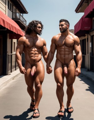 Dos hombres jóvenes desnudos musculosos y fibrosos. Tiene pene grande. Están andando por la calle. Tienen sandalias en los pies. El pene y los testículos se mueven al aire al andar. El enorme pene se dobla hacia el lado al ritmo del andar. Los testículos botan contra los muslos al andar moviéndose hacia afuera. Las manos tocan y acarician su propio pene. Tienen mucho pelo vello en el pecho. Tienen los pelos muy rizados y largos. El pelo es vaporoso y se mueve con el aire hacia arriba.