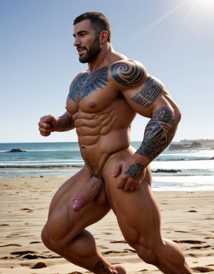 Tres soldados de caballería, desnudos musculosos y muy tatuados, de 30 años de edad, disfrutan de su día de descanso haciendo deporte en una playa del Pacífico, están corriendo en la orilla del mar, están desnudos y mostrando su grandes penes y hermosos testículos. Tienen mucho vello por todo el cuerpo. Hay mucha luz solar alumbrando todo el ambiente. Sus genitales se mueven hacia los lados chocando con sus muslos de las piernas