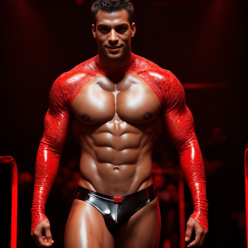 Very muscular man on a dark stage with intense red lighting, posing front-facing with a confident expression and direct gaze. He wears long red, shiny, tight sleeves with a latex or vinyl-like texture, covering the arms and shoulders while leaving the chest, sharply defined abs, and oiled torso exposed. The lower part consists of shiny black, tight briefs that emphasize the crotch and defined thighs. The atmosphere seems like a show, fitness, or erotic performance, with a blurred background, red lights, and a dramatic aesthetic centered on physical strength, bodybuilding, and visual sensuality.