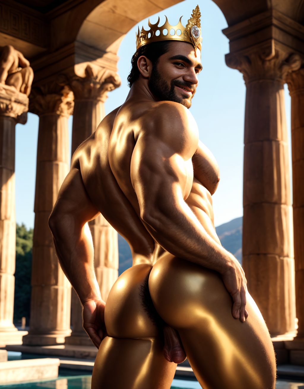 Hombre griego desnudo, sonriente, corona de oro y diamantes Tiene un pene perfecto y grande. Tiene testículos perfectos y peludos y son visibles. Está inclinado, enseñando ano. Está mirando hacia atrás con ojos brillantes. Está entre columnas y estatuas antiguas, sol de tarde. Tiene la piel bronceada, músculos definidos, sensual, apasionado y erótico, con un toque de luz dorada resaltando su anatomía. Tiene testículos grandes perfectos redondos y muy bonitos. Tiene cuerpo perfecto. Está de espalda y enseña su ano perfecto. Enseña su testículos grandes y redondos llenos de vello. Está inclinado para enseñar el ano abierto y sus testículos redondos y peludos.