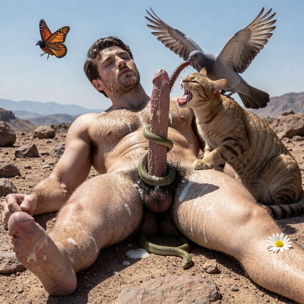 A full body shot from the feet all the way up to the head of the extremely muscular man named Mike Morris, with ultra-low body fat, dense dark brown body hair covering his powerful chest, thick abdominals, shoulders, arms, legs and a very thick wild black pubic bush contrasting sharply with the lighter skin of his penis and scrotum. He lies completely naked and deeply asleep on his back on the scorching rocky ground of Cerro La Cantera, San Pablo Huitzo, Oaxaca, in the year 600 d.C. under the brutal midday sun. His powerful legs are spread wide and relaxed, his penis now fully erect and throbbing, thick veins pulsing along the shaft. His entire muscular torso is drenched in thick ropes, splatters and drying pools of his own white cum. His arms lie limp at his sides, head tilted slightly to the side with eyes fully closed in deep sleep and mouth slightly parted. A single white daisy with a bright yellow center rests gently between the toes of his right foot. The gray pigeon is captured in mid-flight just above his right thigh, carrying the entire centipede firmly gripped in its beak as it flies away. The small brightly colored tropical bird is already far in the background, flying scared toward the upper left. The delicate monarch butterfly hovers just above Mike Morris’s head, its wings blurred in gentle motion. The slender green and brown snake is tightly coiled around the entire length of Mike’s thick erect penis, its body squeezing the throbbing shaft. The sleek tabby cat with orange-brown fur and sharp green eyes has its mouth wide open and is actively eating the snake, its jaws clamped firmly around the upper part of the snake’s body right next to the swollen, cum-glistening glande of Mike’s penis, the cat’s teeth and tongue extremely close to the sensitive head of the cock as it pulls and swallows more of the coiled serpent. The harsh midday sun creates razor-sharp highlights on every droplet of semen, the glossy wet texture of the cum coating the erect penis and abs, the matted dark body hair, the white petals of the daisy, the gray feathers of the pigeon, the colorful wings of the distant bird, the butterfly wings, the glossy scales of the snake and the shiny fur and open mouth of the cat, while casting deep dramatic shadows that accentuate every striated muscle of his exhausted yet powerfully erect body. Hyperrealistic, photorealistic, museum-quality, flawless anatomy with zero deformation, perfect full-body composition from the feet with the daisy to the sleeping face, cinematic natural lighting with extreme contrast and intricate detail on every creature, motion and texture.