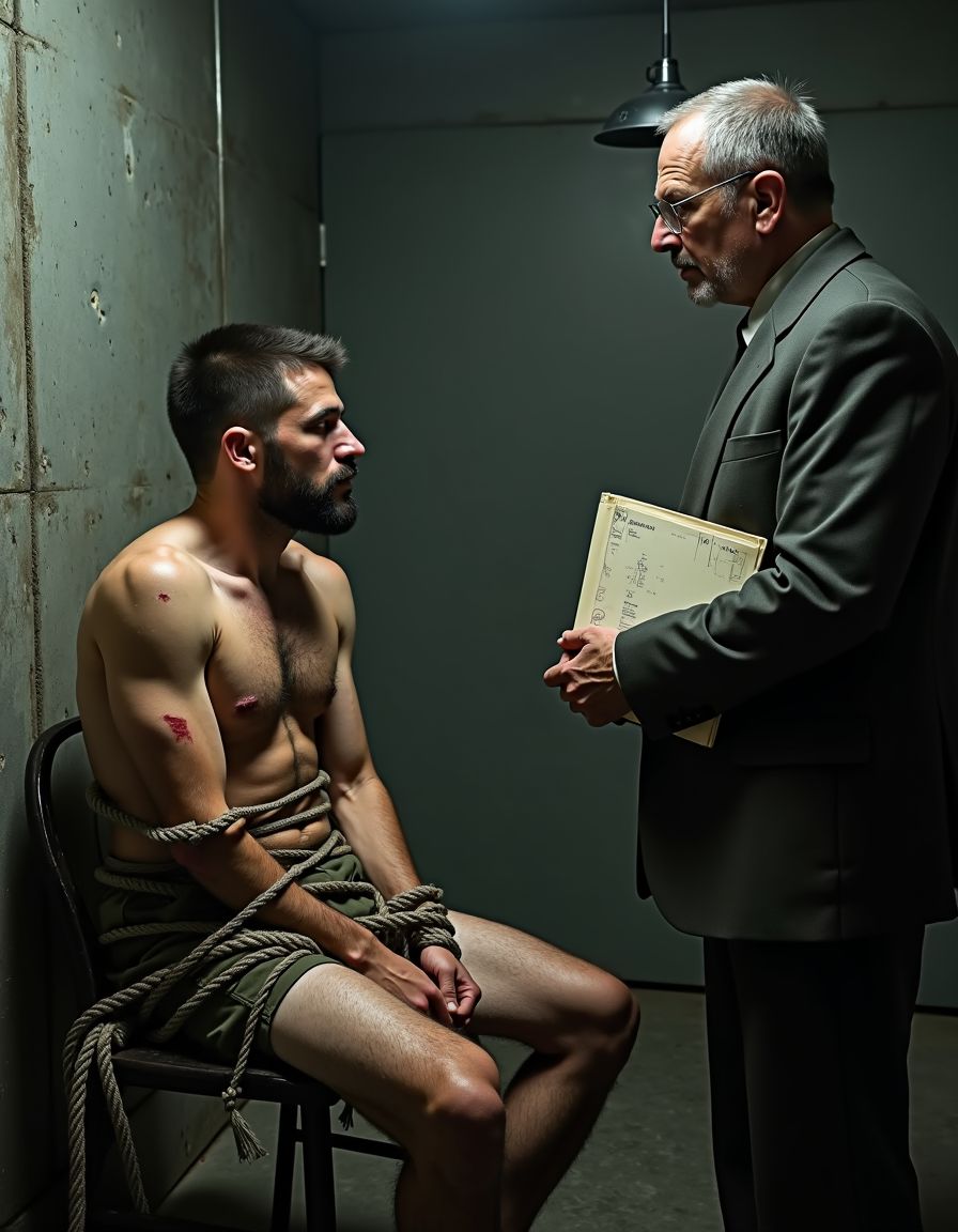 Un soldado masculino de unos 30 años, con cabello corto y barba de unos días, está sentado en una silla de metal en una habitación oscura y lúgubre, con paredes de hormigón y una única luz débil que cuelga del techo. Está atado a la silla con cuerdas gruesas que le rodean los brazos y el torso, dejándolo inmovilizado. Desde la cintura para arriba, su cuerpo está completamente desnudo, mostrando su pecho musculoso y su abdomen definido. Su piel es morena y tiene varios moretones y cortes en los brazos y el pecho, indicando que ha sido sometido a maltrato físico.

Un hombre mayor, con gafas y un traje arrugado, está de pie frente a él, con una expresión dura y severa en su rostro. Está sujetando una carpeta con documentos y parece estar interrogando al soldado, quien tiene la cabeza gacha y los ojos cerrados, como si estuviera tratando de evitar la mirada del interrogador. El ambiente es tenso y opresivo, y se puede sentir la presión y el miedo en el aire.

El soldado tiene una ligera capa de sudor en su frente y su pecho, y su respiración es agitada, como si estuviera tratando de mantener la calma en una situación extremadamente difícil. Su cuerpo está tenso y rígido, como si estuviera preparándose para lo peor. El interrogador, por otro lado, parece completamente calmado y controlado, como si estuviera acostumbrado a este tipo de situaciones y supiera exactamente qué hacer para obtener la información que busca.

La escena es hiperrealista, con detalles precisos y una iluminación que resalta la tensión y el drama del momento. La textura de la piel, la ropa y los objetos es tan detallada que parece que se puede tocar. La atmósfera es pesada y opresiva, y se puede sentir la gravedad de la situación en cada detalle.