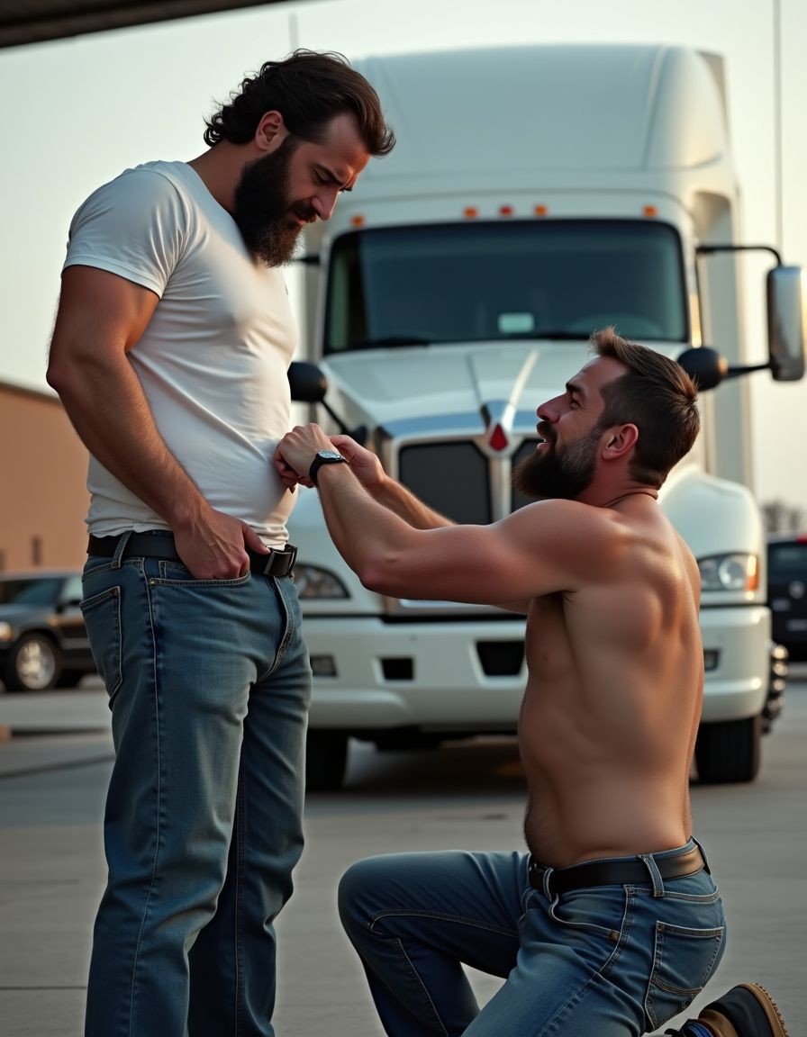 Two bearded men star in an intimate and emotional scene in a parking lot, in front of a large white transport truck. One of them is standing, wearing a tight white T-shirt, jeans, and a serious, moved expression, while the other appears kneeling on one knee, shirtless, also wearing jeans, holding his hand as if making a proposal or an important declaration. The composition suggests a romantic moment between truck drivers or road workers, with warm outdoor light, vehicles in the background, and an urban-industrial atmosphere that reinforces the feeling of a personal pause in the middle of a work environment.