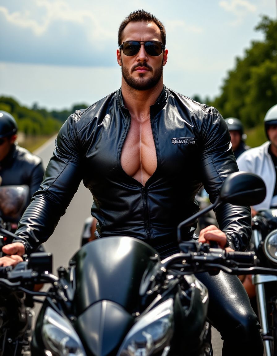 Primer plano realista fotográfico de cuatro motoristas montados en sus motos en la carrretera, los motoristas son musculosos y muestran sus trajes de cuero, muestran su pecho musculoso bajo las chaquetas de cuero abiertas completamente, los motoristas muestran su ropas abultadas por los músculos,  los motoristas muestran grandes paquetes bajo sus pantalones, Motos Triumph Rocket 3 Storm. Se han quitado el casco y lo llevan en la mano mostrando sus rostros. 