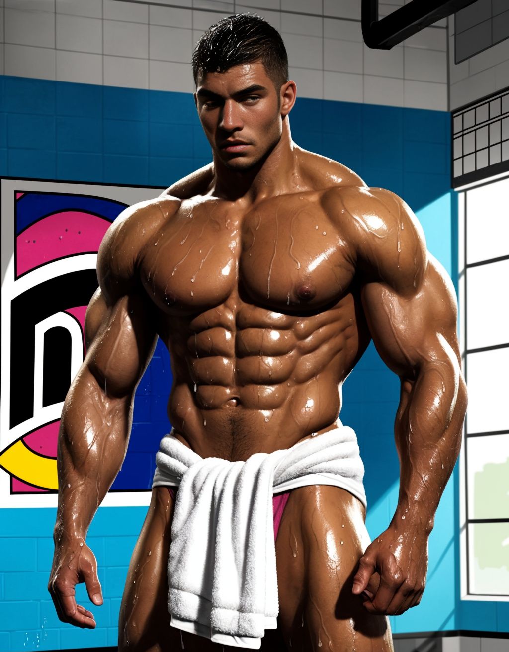 Hombre musculoso de 28 años, jugador de fútbol, cubierto de gotas de agua, parado en un gimnasio, físico atlético, torso desnudo, toalla húmeda en la cintura, piel brillante, sombras dramáticas, expresión serena y cansada, estilo pop art y graffiti, texturas húmedas, fondo desenfocado, enfoque en la forma poderosa del jugador.