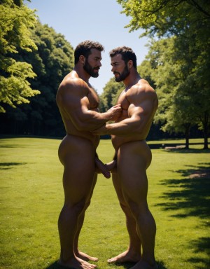 Dos Hombres desnudos con pene grande y grandes testículos peludos. Tiene Cabeza y cara de hombre de 40 años de edad. Tiene un pene grande y erecto de donde sale semen líquido blanco. Con la mano se acaricia suavemente. Tiene mucho vello por todo el cuerpo. Lleva sandalias de color rojo en los pies. Es muy viril, con cara de malote. Está de pie parado en un camino de un prado verde. Está delgado. Tiene los pies en el suelo. Está contento. Tiene mucho vello en todo el cuerpo. Es muy delgado. Tiene zapatos en los pies. Tiene mucho vello. Es muy delgado. Tiene los pies en el suelo. Tiene nariz grande. Son muy viriles. Se dan la espalda. Está uno de espalda al otro. Tienen sandalias en los pies. Miran hacia atrás. Los penes no se tocan.