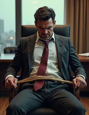 Un hombre de unos 40 años, con traje y corbata, cabello oscuro y bien peinado, sentado en una silla de oficina, con las manos atadas detrás de la silla con una cuerda gruesa, y los pies atados a las patas de la silla con otra cuerda. La expresión de su rostro es de ira y frustración, con la boca apretada y los ojos entrecerrados. El traje está arrugado y desabrochado, mostrando una camisa blanca con algunas manchas de sudor. La corbata está torcida y suelta, y el cinturón del pantalón está desabrochado, mostrando un poco de la ropa interior. El fondo es un despacho elegante, con una gran mesa de trabajo y varias sillas, y una gran ventana con vistas a la ciudad. La iluminación es intensa, con luces brillantes que resaltan la figura del hombre atado. Estilo hiperrealista, con detalles precisos y texturas realistas.