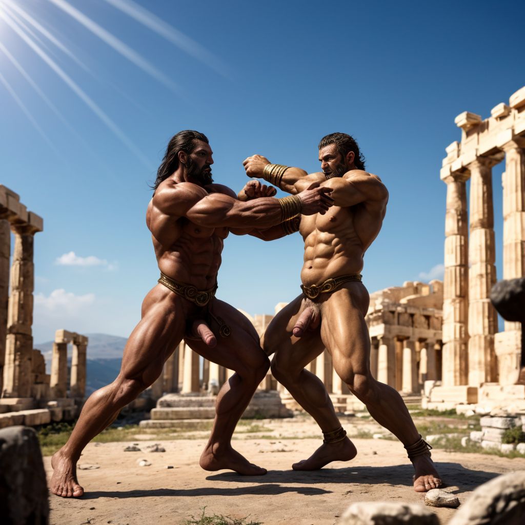 Harmodio y Aristogitón están desnudos. Tienen grandes testículos muy velludos. Luchan contra Hipias e Hiparco en Atenas.