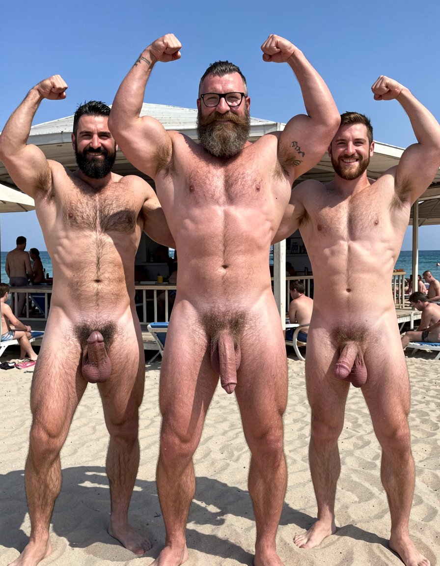 Fotografía hiperrealista tomada al mediodía en la arena de El Playazo, Vera Playa, Almería, justo delante del chiringuito El Pirata. Los tres estáis completamente desnudos, de pie uno al lado del otro, sin ninguna pancarta ni cartel. Erik y Ferran os colocáis a cada lado de Hipsterbarba, los tres mirando directamente a la cámara con sonrisas amplias y cara de satisfacción. Tenéis los brazos levantados en pose de doble bíceps, flexionando con fuerza para enseñar los músculos tensos y vascularizados mientras el sol del mediodía hace brillar vuestra piel ligeramente sudada.

Hipsterbarba estás en el centro: 40 años, 1,80 m, 80 kg, 8% de grasa, six-pack completamente seco y muy marcado con línea alba visible, pectorales redondeados y separados cubiertos de vello negro denso, trail de vello oscuro desde el ombligo hasta el pubis espeso, hombros anchos, brazos musculosos y venosos, barba Bandholz larguísima y perfectamente cuidada que llega casi al ombligo, bigote poblado con puntas largas curvadas en espiral hacia arriba, gafas de pasta negra, pelo en high fade undercut, pequeño tatuaje “hipsterbarba” en la región braquial del brazo derecho, polla gruesa y hermosa de 19 cm semierecta con prepucio parcial y glande rosado visible, huevos grandes y peludos colgando pesados. Flexionas con orgullo los bíceps mientras tu polla se balancea ligeramente.

A tu izquierda está Erik: 38 años, complexión fuerte, barba negra espesa, músculos bien definidos y peludos, polla gruesa de 19 cm también semierecta y visible, huevos colgantes. Flexiona los brazos con fuerza y sonríe con confianza.

A tu derecha está Ferran: 36 años, barba castaña más corta, cuerpo atlético y peludo, polla de 17 cm semierecta, huevos visibles. Flexiona los bíceps y muestra una sonrisa alegre.

Los tres tenéis las pollas y huevos completamente expuestos, el vello corporal brillando bajo el sol, y detrás se ve el mar turquesa y la terraza del chiringuito El Pirata con algunos nudistas observando. Iluminación perfecta de mediodía, texturas hiperrealistas de piel, sudor, vello individual y músculos marcados. Imagen nítida, corregida y mejorada con mayor detalle en los cuerpos y en la expresión de orgullo masculino.