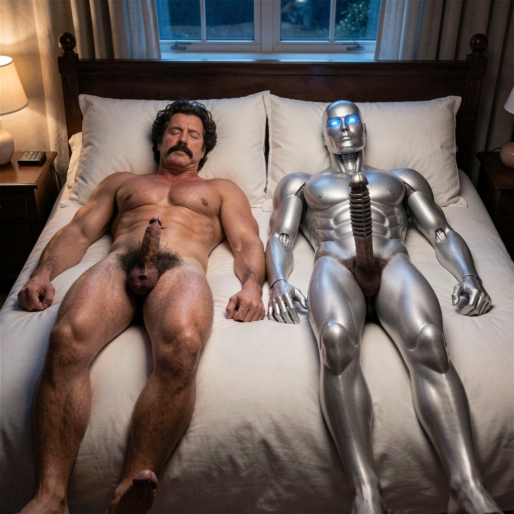 Un hombre desnudo con bigote y pelo oscuro yace boca arriba sobre una cama de sábanas blancas, con los ojos cerrados y el cuerpo relajado, mostrando el pecho, el vello púbico y el pene flácido en una escena íntima de dormitorio. A su lado descansa una figura robótica humanoide de metal plateado, también tumbada en la cama, con rasgos faciales rígidos, ojos azules luminosos y un pene metálico oscuro unido al cuerpo, creando un contraste surrealista entre carne humana y androide futurista. El cabecero de madera, las almohadas, las cortinas, la ventana y la luz cálida de la lámpara aportan un ambiente nocturno, doméstico y extraño, con una estética provocadora de ciencia ficción.