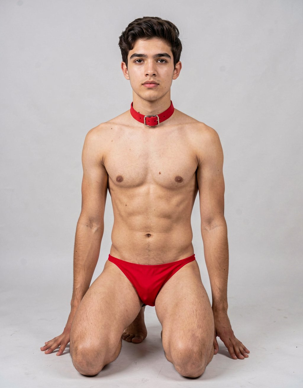 joven desnudo en tanga rojo de rodillas con collar rojo de perro
