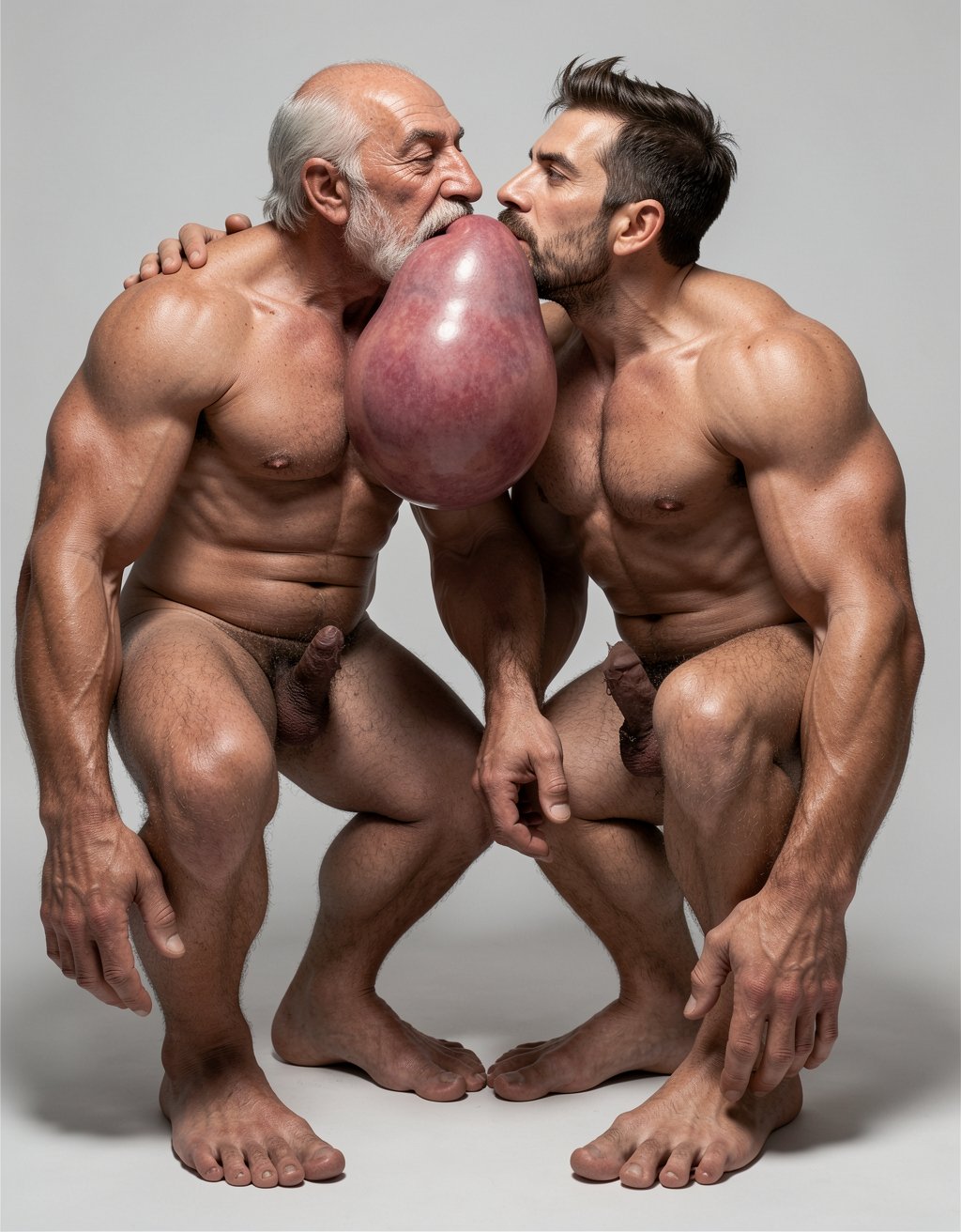 Dos hombres desnudos y musculosos posan en cuclillas sobre un fondo gris de estudio, con los cuerpos inclinados hacia el centro y los rostros muy próximos en un beso. El hombre de la izquierda, mayor, calvo y con barba blanca, apoya una mano sobre el hombro del otro; su pene y vello púbico son visibles. El hombre de la derecha, más joven, con pelo oscuro y barba corta, también está desnudo y muestra una postura tensa y atlética. Entre ambos destaca de forma surrealista un enorme escroto hinchado, rojizo y brillante, suspendido en primer plano, creando una composición provocadora de desnudez masculina, contacto íntimo y estética fotográfica hiperrealista.