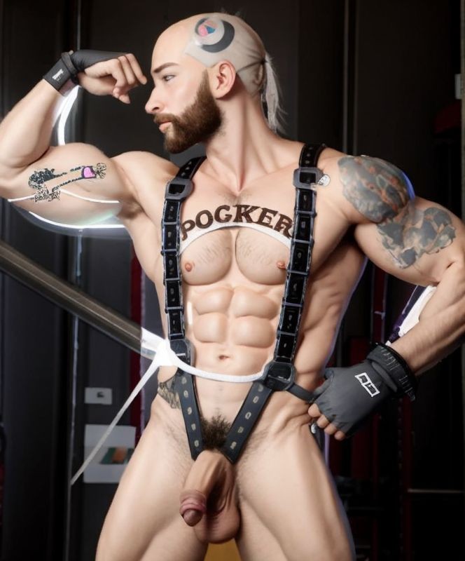 Muscular bald man posing in profile in a dark interior, with a well-groomed beard, circular makeup or tattoo on his head, and a serious expression while flexing his arm. He wears a black leather harness with buckles crossing his chest and running down his abdomen to the crotch, leaving his defined torso, marked abs, pubic hair, and flaccid penis visible. The word “POCKER” appears tattooed on his chest, and both arms show colorful tattoos, along with black fingerless gloves and a bracelet. The scene has a fetishistic and bodily exhibition aesthetic, with side lighting, metallic reflections, and a dark background like a dressing room or stage.