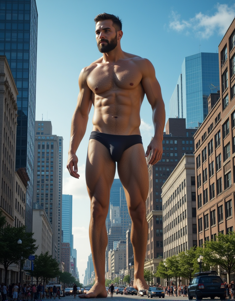 Giant man. The image is a high-resolution photograph capturing a dramatic scene in a bustling city street, likely in New York City, given the iconic skyscrapers and urban landscape. The central figure is a muscular man with a beard and a muscular build, totally nude, penis visible. He stands tall, but the perspective is exaggerated, making him appear much larger than life, as if he is towering over the city street. The background features a clear, blue sky with a few wisps of clouds.

