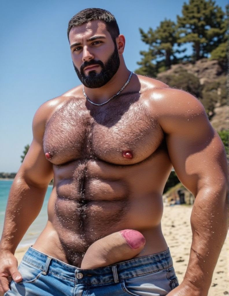 Muscular and very burly man posing on a sunny beach, shirtless, with a dark beard, short hair, and a silver chain around his neck. His skin appears shiny from the sun or water, with abundant hair on his chest and abdomen, highlighting his pecs, strong arms, and abs. He is wearing blue jeans unbuttoned and partially pulled down, revealing his pubic area and a flaccid penis protruding through the opening of the pants. The background shows sand, blue sea, clear sky, trees, and a coastal hillside, creating a summery beach atmosphere with a confident and provocative front-facing pose.
