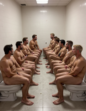 un grupo de reclutas están sentados en los inodoros de la instalación, entre ellos no hay paredes ni separaciones, los inodoros están en filas y los reclutas se miran mientras hacen sus necesidades. 