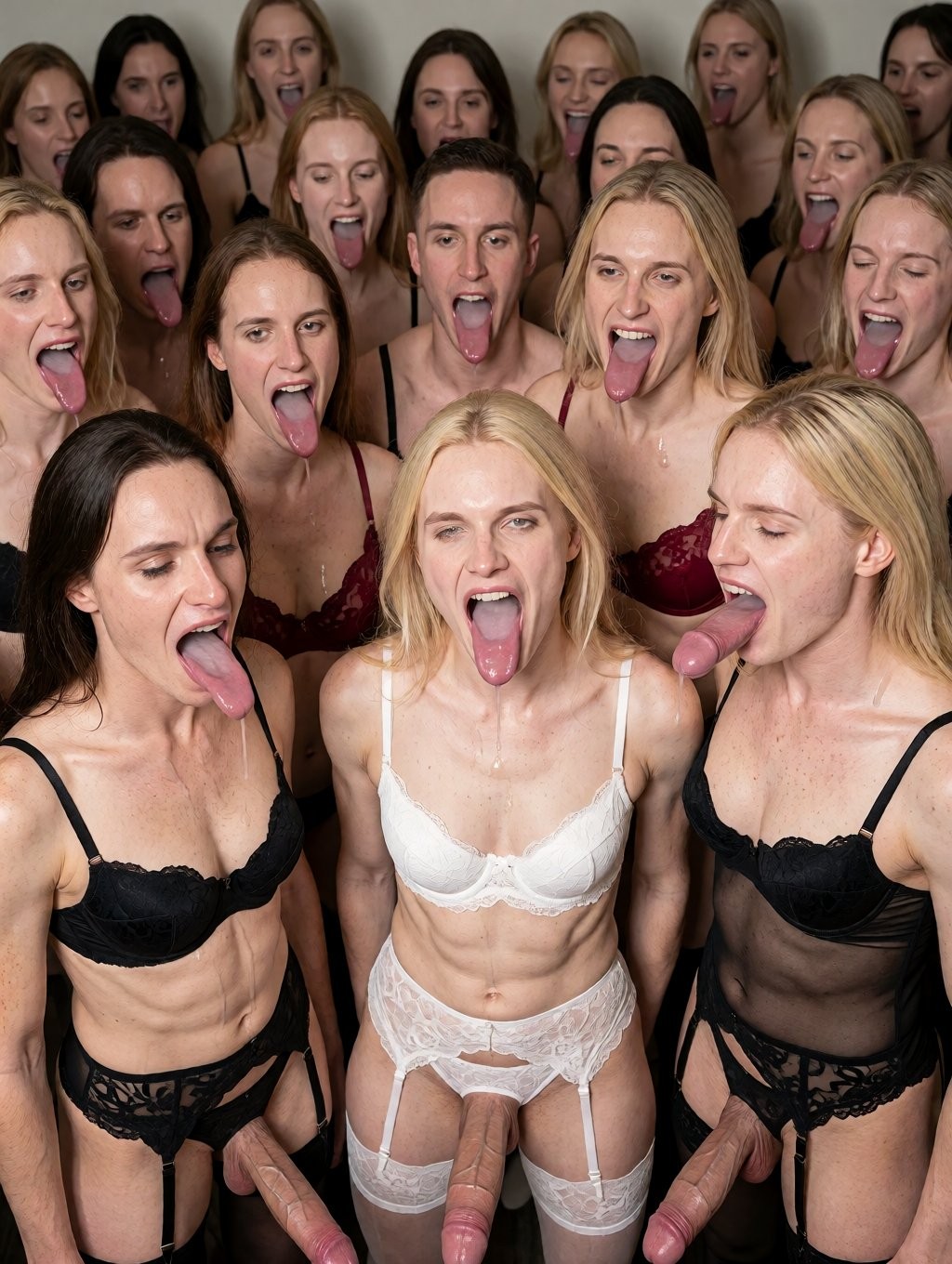 Un grupo numeroso de personas posa en una escena explícita de estudio, muy juntas y mirando hacia la cámara, con varias mujeres en lencería negra, blanca y burdeos sacando la lengua de forma provocativa. En primer plano destacan tres cuerpos con sujetadores de encaje, ligueros y medias, mientras en la zona inferior aparecen penes visibles, creando una composición sexualizada y frontal. La iluminación es clara y directa, con fondo neutro, pieles brillantes y expresiones exageradas de deseo o provocación. La imagen combina estética de fotografía erótica, lencería transparente, poses grupales y desnudez parcial con una disposición simétrica centrada en las lenguas extendidas y los genitales expuestos.
