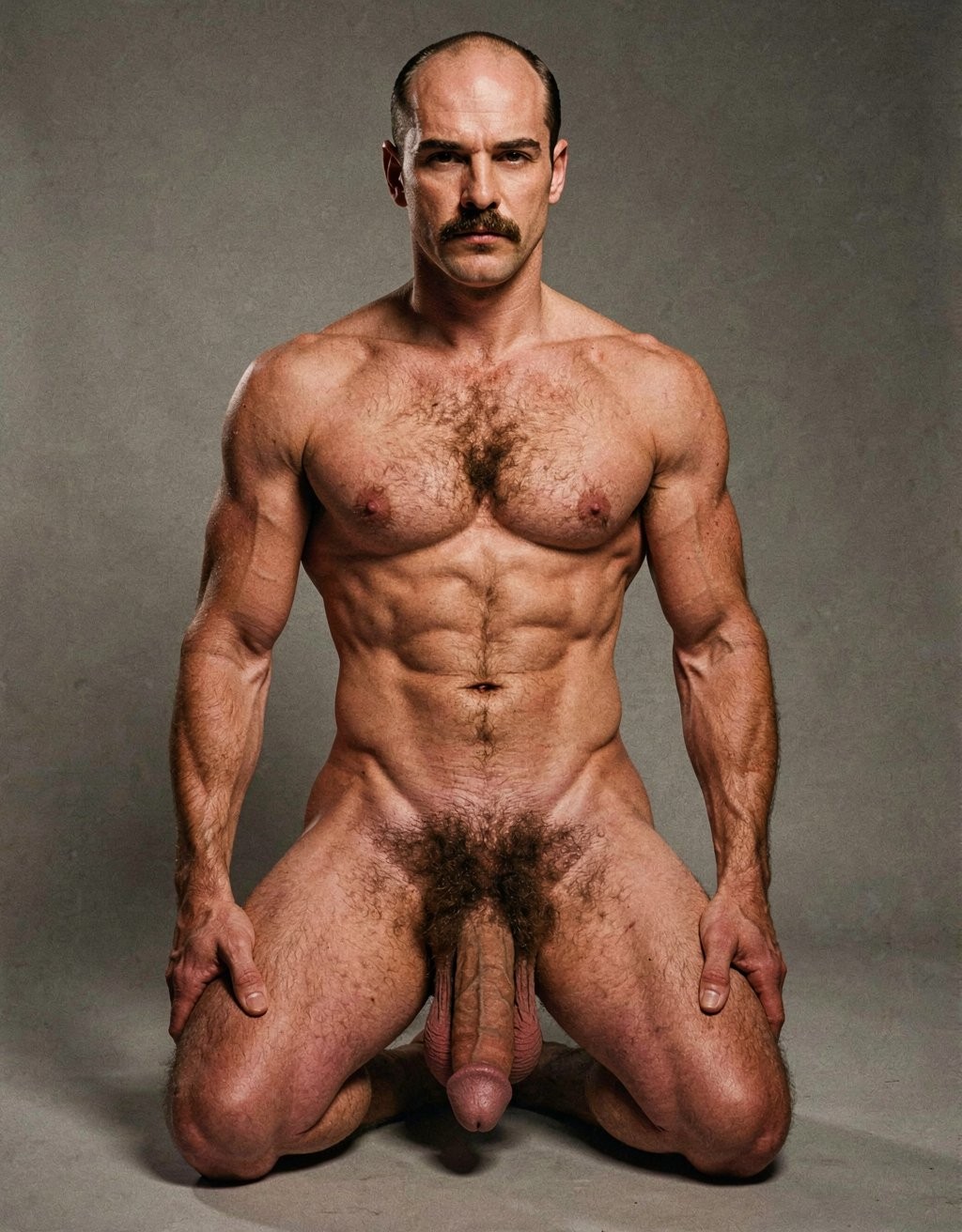 Mike Morris, a 32-year-old Caucasian male with an extremely lean and athletic physique at only 8% body fat, stands completely naked in a strict military attention pose. Full body frontal shot from the tips of his toes to the top of his head. His body is young, dry, and highly defined with sharp muscle separation, visible vascularity, and a very narrow waist. He has advanced Norwood III-IV male pattern baldness with a shiny tanned scalp on top and only short dark brown hair on the sides and back. His face is serious and commanding: square angular jaw, prominent cheekbones, thick dark handlebar mustache, heavy brows, and intense deep-set brown eyes. His massive square pectorals are pushed forward, covered in dense dark brown chest hair that forms a classic thick T-pattern running down the sternum and spreading over his sharply carved six-pack abs. Small dark nipples sit low on the pecs. A prominent trail of dark hair leads to an extremely dense, curly, dark brown pubic bush that climbs almost to his navel. His thick 14 cm flaccid cock hangs heavy over large, low-hanging, hairy testicles, the shaft skin noticeably lighter than his bronzed body. Powerful veined forearms, developed traps, defined quadriceps with clear separation, diamond-shaped calves, and slightly hairy feet complete his figure. He stands perfectly straight, chest out, shoulders back, arms rigid at his sides with fists clenched, head high and gaze fixed forward. Dramatic directional studio lighting from above and slightly to the front creates strong highlights on his dry, vascular skin and deep shadows that accentuate every muscle fiber, the texture of his dense body hair, and the extreme definition of his 8% body fat physique. Photorealistic, high-contrast, 1970s Colt Studio masculine aesthetic, grainy film texture.  ...  Está sentado en el suelo con las rodillas muy separadas.