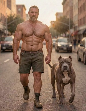 Hombre muy musculado y sin camiseta caminando por una calle urbana junto a un perro grande de tipo pitbull o bully, ambos avanzando hacia la cámara con actitud firme y dominante. El hombre lleva barba corta, pelo rubio rapado, pantalones cortos verdes, botas oscuras y muestra un torso definido con pectorales, abdominales y brazos muy marcados. A su lado, el perro gris con pecho blanco, orejas recortadas y cuerpo robusto camina con correa casi imperceptible. El fondo presenta coches aparcados y en circulación, edificios altos y luz cálida de atardecer, creando una escena callejera intensa, atlética y cinematográfica.