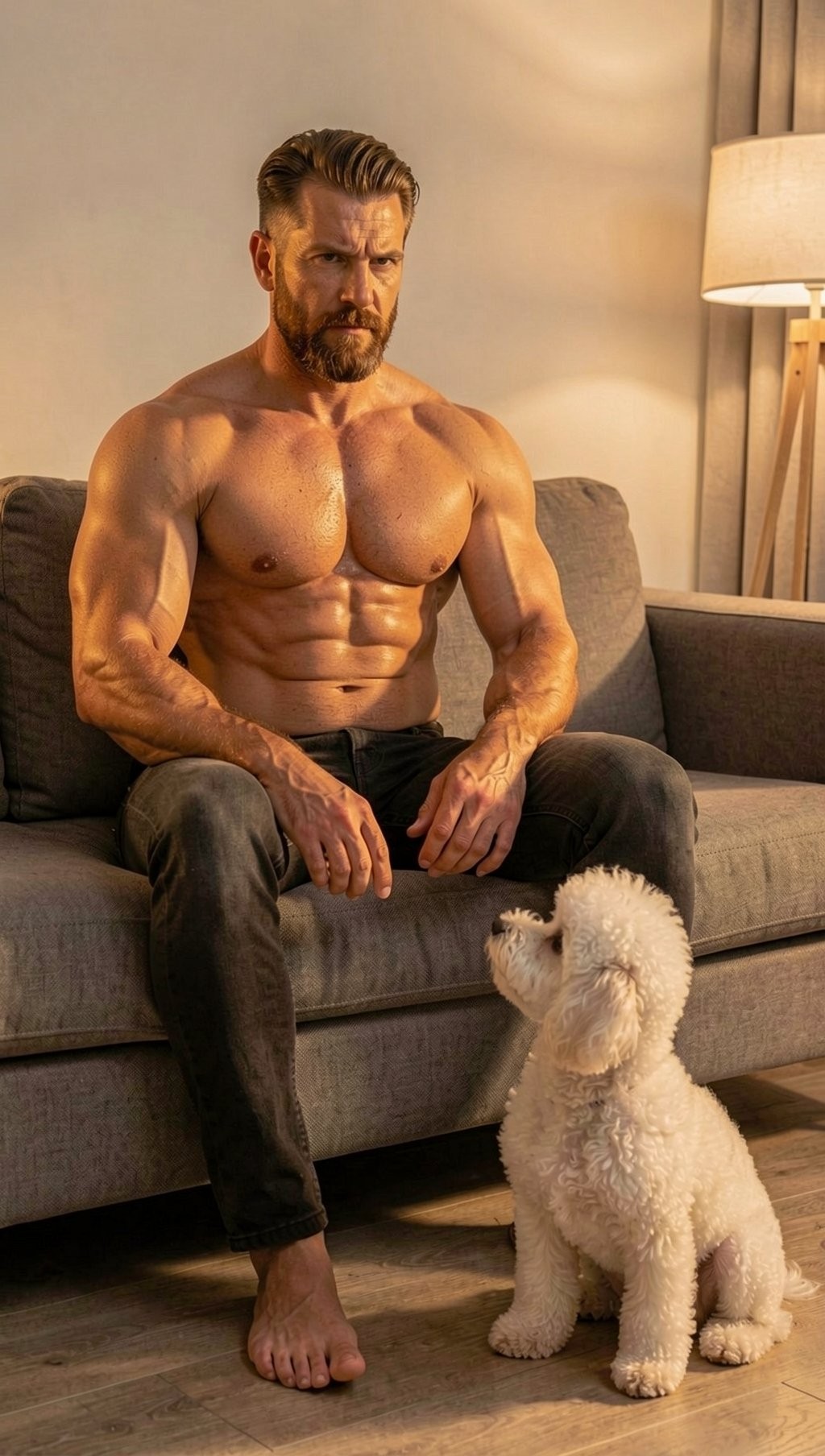 A very muscular shirtless man is sitting on a gray sofa, with a defined torso, marked abs, strong arms, and a trimmed beard, looking forward with a serious expression. He is wearing dark pants and is barefoot, with his hands resting between his legs in a relaxed but firm posture. At his feet, a small dog with white curly fur, resembling a poodle or bichon, sits looking at him attentively. The scene takes place in a warm, domestic living room, with wooden flooring, a lit floor lamp in the background, and soft light that highlights the athletic physique and cozy atmosphere.