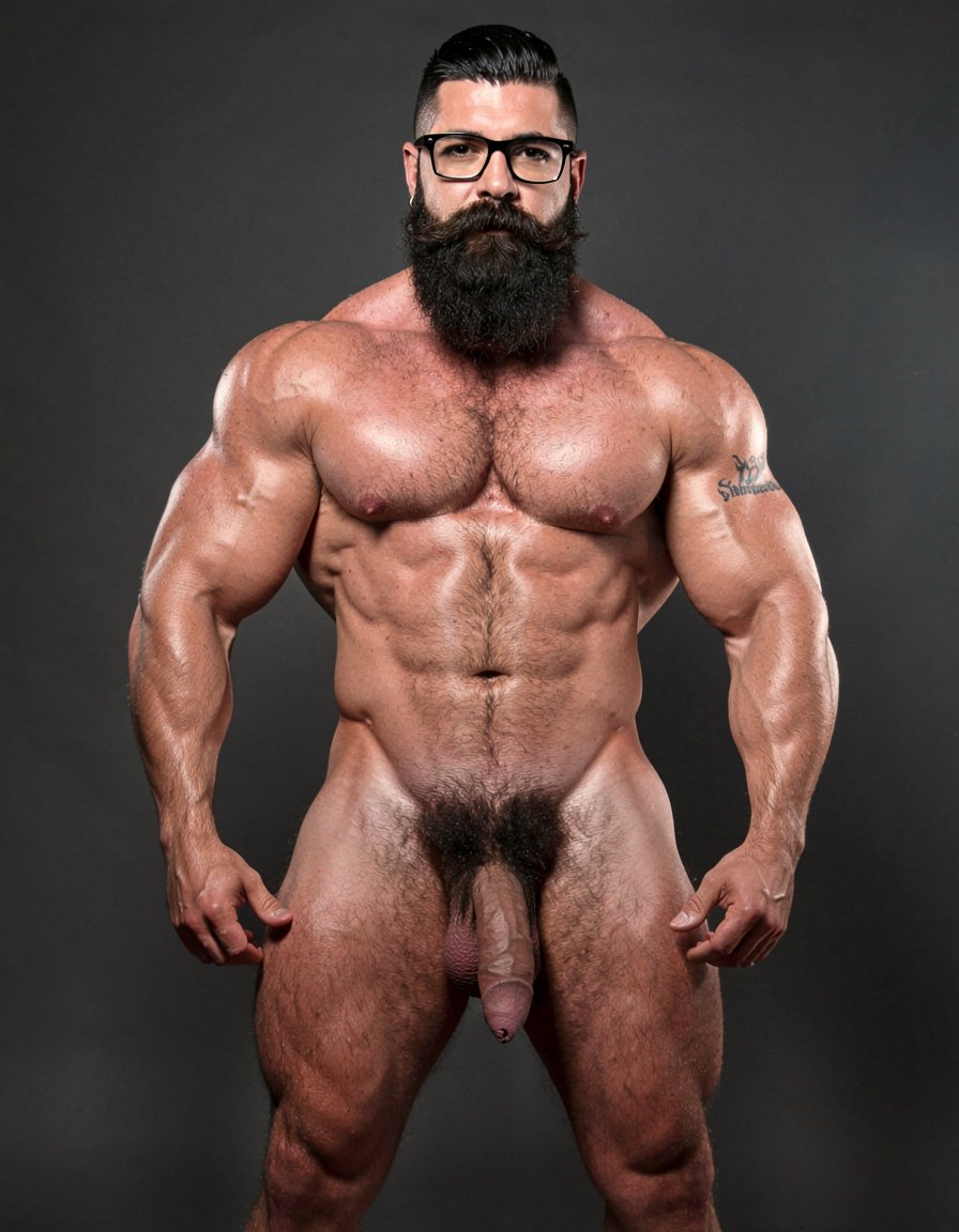A highly detailed full-body nude photograph of a 40-year-old dominant muscle bear named Hipsterbarba, standing confidently in a well-lit studio with dramatic lighting that accentuates every muscle. He is 180cm tall, 80kg with 8% body fat, extremely muscular and symmetrical. Massive rounded hairy pecs with clear separation and dark pointed nipples, shredded six-pack abs with deep cuts and visible obliques forming a strong V-taper, wide shoulders, vascular arms, huge quads and defined legs. Very dense black masculine body hair covering his chest, running down in a thick treasure trail to a very bushy dark pubic area. He has a perfectly groomed long Bandholz beard that reaches mid-chest, thick mustache with curled upward spiral ends, modern high fade undercut hairstyle, black hipster glasses, and a small tattoo on his right bicep that reads 