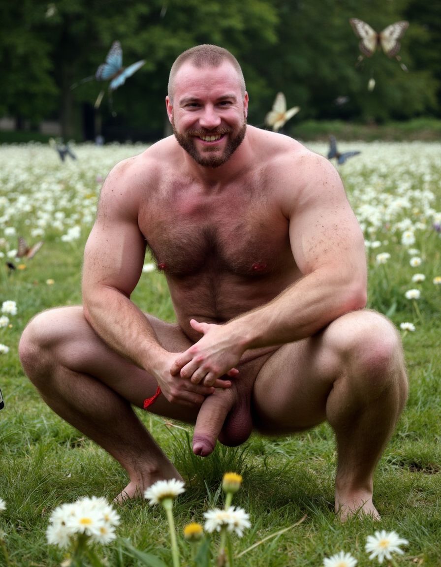 hombre culturista de 35 años posando desnudo de cuerpo completo, sonriente, tensa los bíceps, tiene un pene de 40 cm de longitud y 7 cm de diámetro, tiene grandes dorsales, piernas, tiene cintura estrecha, es un poco calvo, tiene grandes pezones rosas. Tiene un pene de 40 cm de longitud y 7 cm de diámetro. Tiene mucho vello en pecho y brazos y piernas. Tiene testículos de 10 cm de diámetro que están colgando y se mueven al compás de los movimientos del cuerpo. Tiene pies con sus uñas pintadas de color rojo. Fondo de muchas margaritas de todos los colores y miles de mariposas volando. Está agachado en la hierva rodeado de margaritas. Está agachado con las piernas tensadas con los pies hacia arriba para enseñar su ano. Tiene el ano relajado y abierto y a la vista del espectador. Por su pene erecto. Con su mano derecha rodea su pene por su perímetro acariciando el pene con suavidad