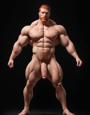 Un hombre de 25 años, de rasgos nórdicos, cabello rojizo y largo, barba rojiza y tupida, larga y trenzada, atlético y musculoso posa en un fondo completamente negro. Su cuerpo está completamente definido y simétrico, con una musculatura desarrollada y visible gracias a una iluminación dramática desde arriba que resalta cada fibra muscular. Se encuentra totalmente desnudo con su hermoso y enorme pene visible . Está descalzo y adopta una pose icónica de fisicoculturismo: su brazo derecho está extendido hacia arriba y hacia un lado, con los dedos señalando en esa dirección, mientras que su brazo izquierdo está flexionado a la altura del hombro, mostrando su bíceps. Su cabeza está girada levemente hacia arriba, siguiendo la línea de su brazo extendido, con una expresión de confianza. La iluminación fuerte y directa genera sombras profundas que acentúan su físico sobre el fondo oscuro, creando un efecto teatral e impactante.