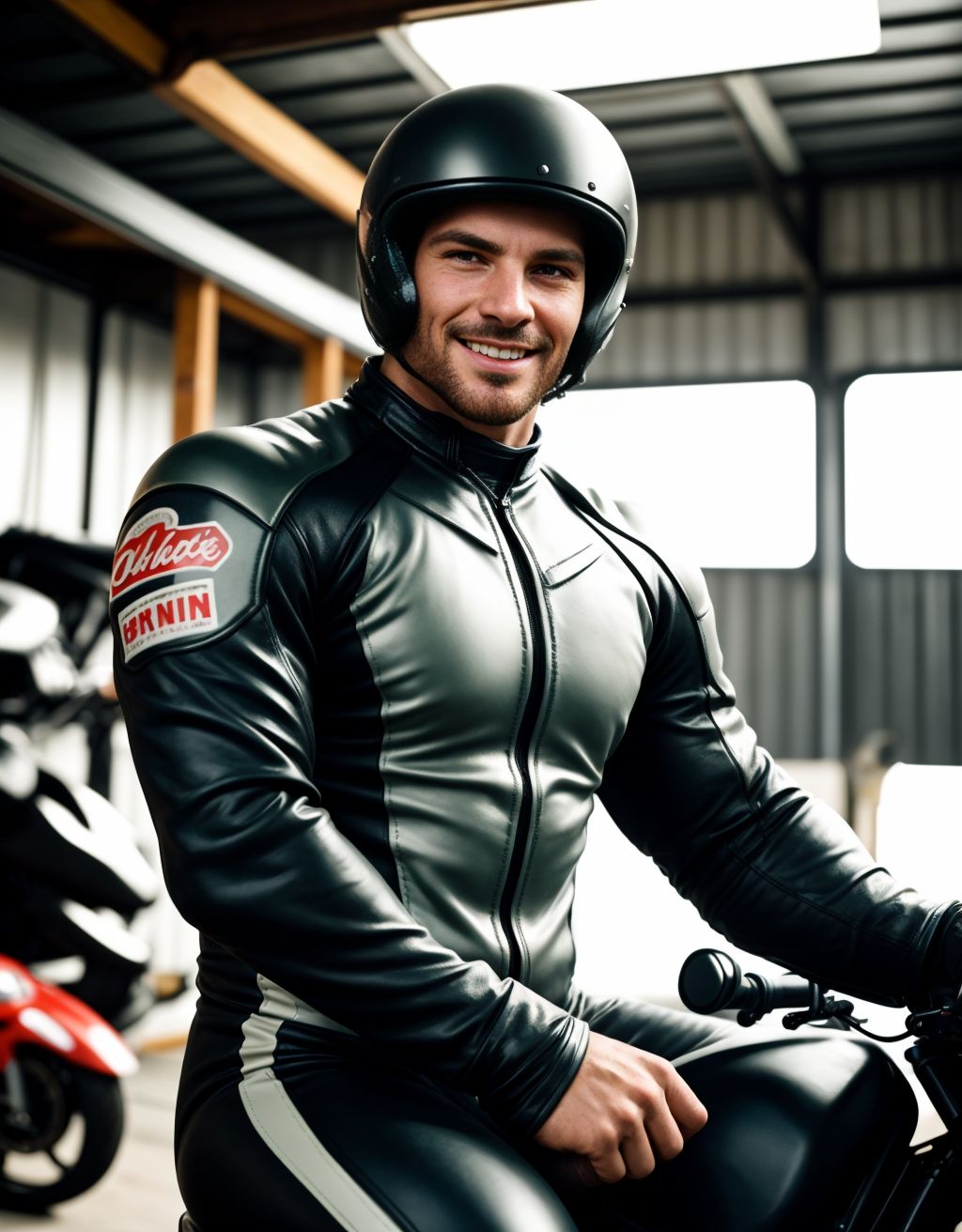 Hombre musculoso semidesnudo, pene visible, torso desnudo, con traje de motorista parcialmente quitado, mostrando pecho y abdomen definidos, sentado en una moto, casco en mano, sonriendo confiadamente, fondo de boxes con mecánicos, iluminación vibrante, texturas hiperrealistas, foco en la figura masculina y la moto