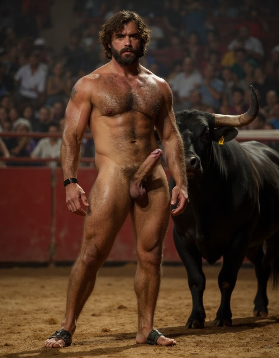 Hombre musculoso y velludo, torero español de 50 años, con un torso musculoso, tiene un pene hermoso perfecto y de tamaño XXL, tiene mucho vello púbico denso y moreno, piel bronceada y sudorosa. Tiene una barba incipiente, mientras su cabello largo castaño oscuro está despeinado y sudoroso, con gotas de sudor que resbalan por su frente y mejillas. Su torso es muy musculoso marcado definido y sus abdominales y pectorales están muy marcados y definidos, tiene un vello corporal muy denso que se extiende desde su pecho hasta sus piernas y hasta sus brazos y espalda.
Tiene un pene muy grueso con forma perfecta es el centro de atención y está rodeado de un denso vello púbico castaño oscuro. Tiene dos testículos grandes y perfectamente formados que cuelgan por debajo. Tiene piel bronceada con brillo de sudor y sus músculos están en forma y bien definidos con aspecto delgado pero sobresalen sus pectorales muy marcados sin nada de grasa.

La escena está en una plaza de toros en un ambiente sensual con sombras que resaltan la musculatura y el vello corporal del hombre.
Tiene sandalias en sus pies. Su pene está erecto y enseña un gran prepucio y un grande glande. A su lado hay un toro.