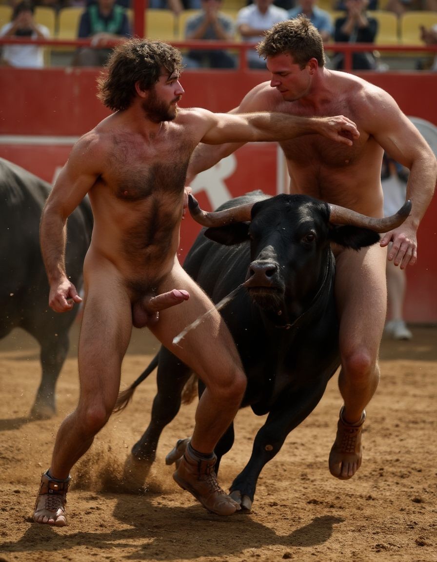 Un torero español musculoso y velludo de 50 años, con torso atlético y marcado, se muestra completamente desnudo, destacando su pene de 30 cm de longitud y 5 cm de grosor, perfectamente formado y rodeado de un denso vello púbico castaño oscuro. Sus testículos, perfectamente formados, cuelgan de forma prominente. La piel bronceada y sudorosa resalta su musculatura definida, con pectorales y abdominales bien marcados y sin grasa. El cabello largo y castaño oscuro está despeinado y sudoroso, con gotas de sudor resbalando por su frente y mejillas. Una barba incipiente y un vello corporal denso que se extiende por su pecho, piernas y brazos completan su apariencia viril. Lleva sandalias marrones en sus pies.

A su lado, un hombre musculoso y velludo de 30 años, completamente desnudo, muestra un pene erecto de 30 cm de longitud y 4 cm de grosor, hermoso y perfecto, rodeado de un denso vello púbico pelirrojo. Su piel bronceada y sudorosa muestra una musculatura definida, con pectorales y abdominales muy marcados. Tiene cabello pelirrojo despeinado y sudoroso. Tiene una barba pelirroja densa pero bien recortada. El vello corporal pelirrojo denso cubre su pecho, y tiene mucho vello pelirrojo en sus piernas y brazos, lo que realza su apariencia masculina y atlética. Están corriendo en la plaza de toros con un toro

Ambos hombres se encuentran en una plaza de toros, con sombras que resaltan su musculatura y vello corporal, creando un ambiente sensual y cargado de tensión. Están en pleno acto de pasión, con sus penes erectos y testículos prominentes ,destacando su musculatura, vello corporal y atributos viriles en una imagen impactante y llena de energía. La escena está llena de sensualidad y poder, con los dos hombres como protagonistas, en un ambiente cargado de pasión y erotismo. La imagen es híper realista, con detalles de alta calidad, y muestra la unión de los dos hombres en un acto de pasión y dominio, con sus cuerpos musculosos y velludos completamente desnudos y visibles, mostrando su excitación y pasión en cada detalle. Tienen sus penes erectos, desde la uretra del glande del pene eyaculan semen blanco lanzado en abundancia. Están totalmente desnudos. Tiene un pene de 30 cm de longitud y 5 cm de diámetro.