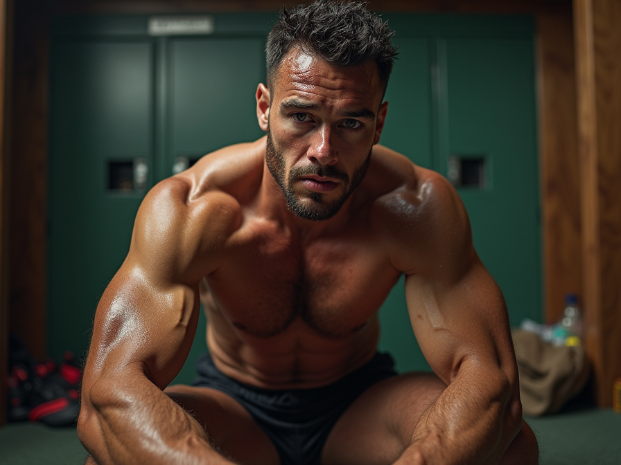 Un hombre musculoso y sudoroso aparece inclinado hacia delante en un vestuario o zona de gimnasio, mirando fijamente a la cámara con expresión intensa y concentrada. Está sin camiseta, con el torso definido, hombros anchos, brazos muy marcados y piel brillante por el esfuerzo físico, mientras lleva un pantalón corto deportivo oscuro. El encuadre cercano resalta los pectorales, abdominales, bíceps y antebrazos, creando una sensación de fuerza, entrenamiento y resistencia. Al fondo se distinguen taquillas verdes desenfocadas, paredes de madera, una bolsa deportiva, botellas y material de ejercicio, reforzando el ambiente de fitness, musculación y rutina de entrenamiento exigente.