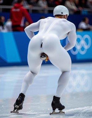 Olympic ice speed skater from behind while speeding during the competition, wearing skintight white or clear coloured lycra suit covering entire body, including head and face, with a pronounced, rounded, and muscular buttocks. The lycra suit is torn open in the back, specifically between the buttocks, due to the intense movement and friction generated during the race. Through the torn opening, a buttplug is visible, inserted between the skater's buttocks, adding an unexpected and provocative element to the athletic scene. The image should capture the dynamic motion of the skater, with the torn lycra and exposed buttplug creating a shocking contrast to the typical, sleek appearance of an athlete in competition. The focus should be on the skater's muscular physique, the skintight lycra, and the unexpected revelation of the buttplug, all set against the backdrop of a high-speed ice skating competition. Hyper-realistic details and lighting should accentuate the textures of the lycra, the metal, and the athlete's skin, creating a vivid and striking image.
