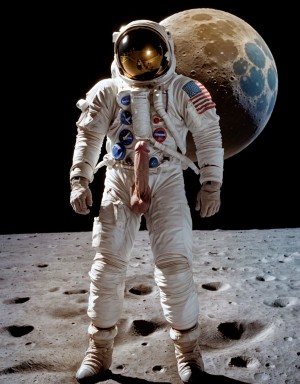 Neil Armstrong desnudo totalmente desnudo. Tiene el pecho con vello y brazos con vello. Está totalmente desnudo de pie y pisando el suelo Lunar. Está totalmente desnudo musculoso. Tiene pene grande erecto. Tiene testículos grandes. Tiene mucho vello y pelo. Foto muy realista texturas 8k. Está de pie en la Luna rodeado de arena y de la nave espacial Apolo11. Está rodeado de hombres totalmente desnudos.