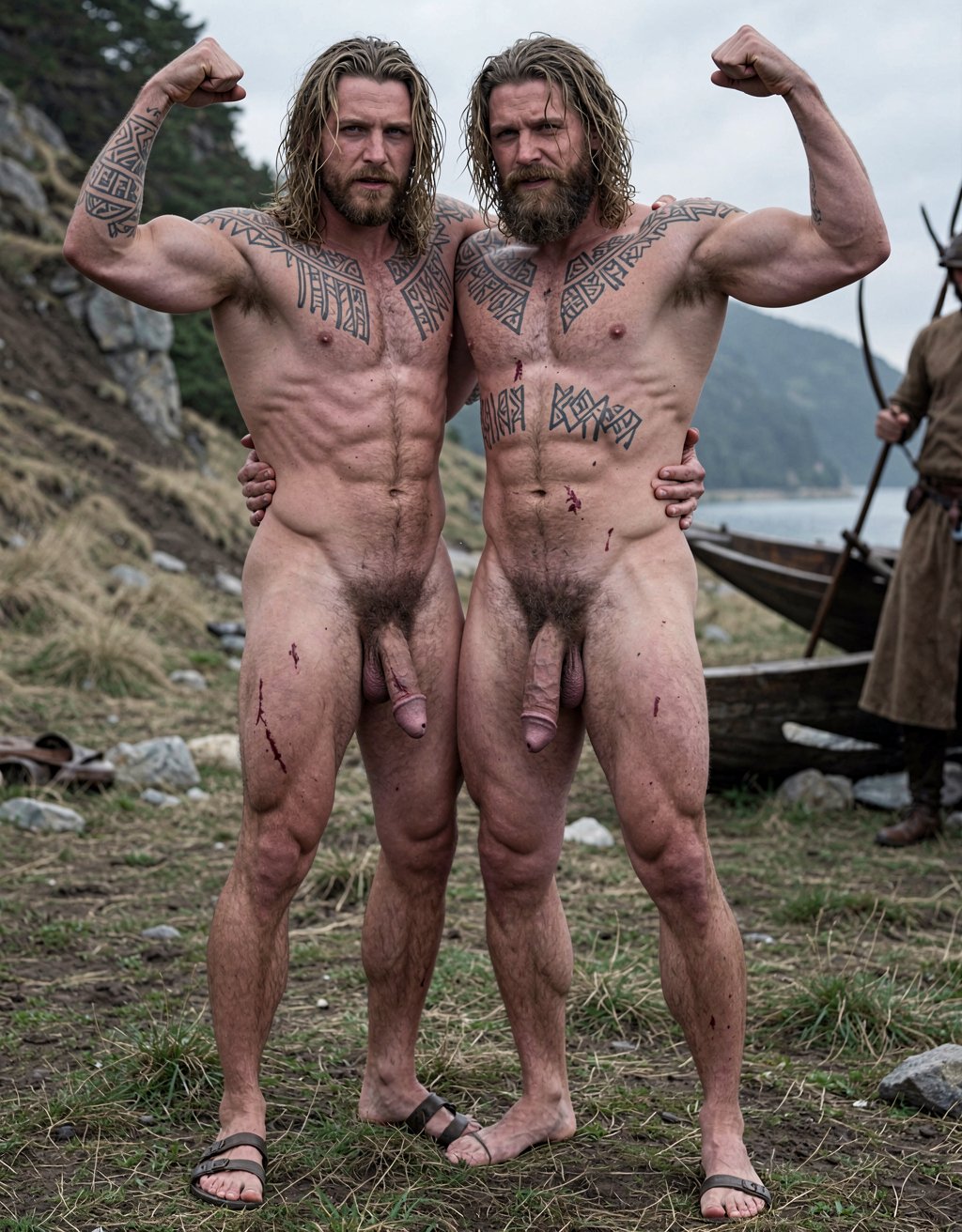 Amleth y Aurvandil.
Amleth (Alexander Skarsgård) está de cuerpo entero desde los pies hasta la cabeza. Es un príncipe vikingo de 29 años de edad que está junto a el rey Aurvandil, de 48 años de edad. 
Amleth (Alexander Skarsgård) se convierte en un berserker implacable. Amleth tiene motivación animal, casi mística. Amleth es un héroe noble; es pura rabia y destino.
Amleth tiene una altura imponente de 194 cm y peso 78 Kg, tiene 7% de grasa corporal,
Amleth tiene un cuerpo fuerte, tatuado, cubierto de cicatrices, pelo largo y sucio.  
Amleth tiene un cuerpo con musculatura densa y trabajada y estilizada, tiene 7% de grasa corporal y parece esculpido al estilo vikingo con pectorales anchos y marcados; tiene un 7% de grasa corporal con abdominales extremadamente definidos y marcados 