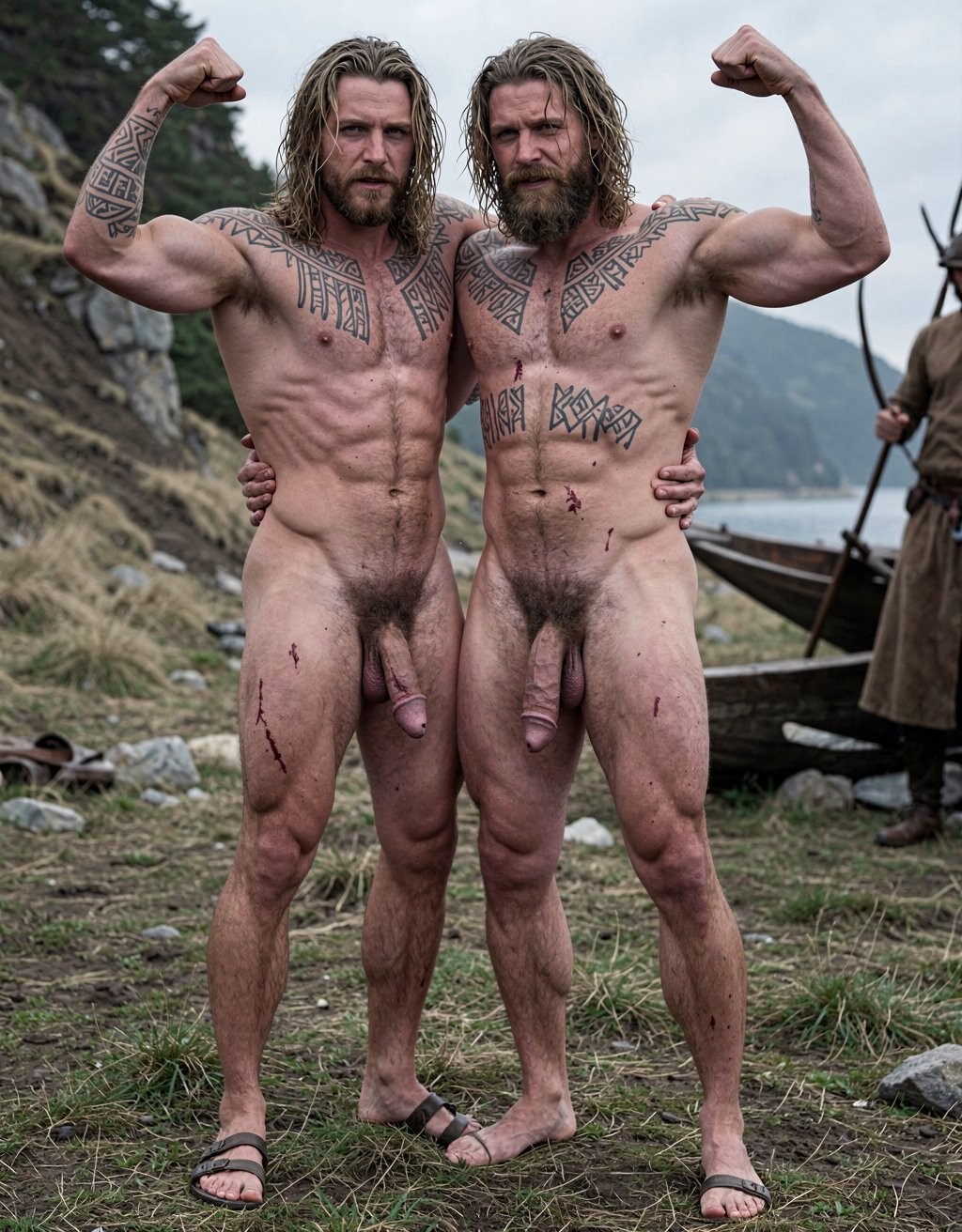 Two naked Viking-looking men pose standing outdoors, holding each other around the waist and flexing their arms to show defined musculature, with defined abs, hairy chests, and runic and geometric tattoos on their shoulders, arms, and torso. Both have long wet hair, thick beards, and a serious, intense expression; their penises are visible, hanging frontally, and their bodies have small wounds, scratches, and stains of mud or blood on their legs and abdomen. They wear simple sandals on rocky, wet ground by the coast, with mountains and water in the background, a wooden boat, and a figure dressed with a spear that reinforce the Nordic, warrior-like, and historical setting.