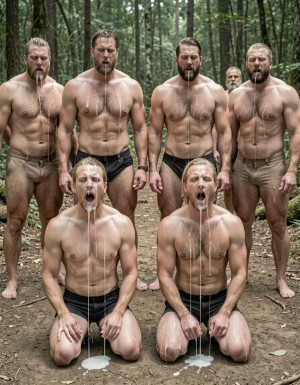 Dos chicos de 20 años, rubios con pelo corto, muy delgados y sin vello en sus cuerpos, se arrodillan en el suelo, con las bocas abiertas y listas para recibir el semen de varios machos. Detrás de ellos, cuatro machos de gran tamaño y cuerpos grandes y fuertes, completamente desnudos, exhiben sus penes grandes y duros, listos para eyacular. Los machos, con sus cuerpos musculosos y peludos, se alinean detrás de los chicos, mientras que estos últimos se preparan para recibir el semen en sus caras.

La escena se desarrolla en un área apartada, rodeada de camioneros velludos que observan la escena con interés. Los machos, con sus penes erectos, comienzan a eyacular, y el semen cae sobre las caras de los dos chicos, que tragan con avidez. La escena es hiperreal, con detalles en los músculos de los machos y sus enormes penes, que siguen soltando esperma sobre los chicos.

Los chicos, con semen por sus caras, siguen tragando, mientras que los machos continúan eyaculando, creando una escena de intensa pasión y deseo. La textura de la piel, el brillo del semen y la musculatura de los cuerpos se destacan en esta escena hiperreal, que capta la esencia de la lujuria y el deseo sin límites.