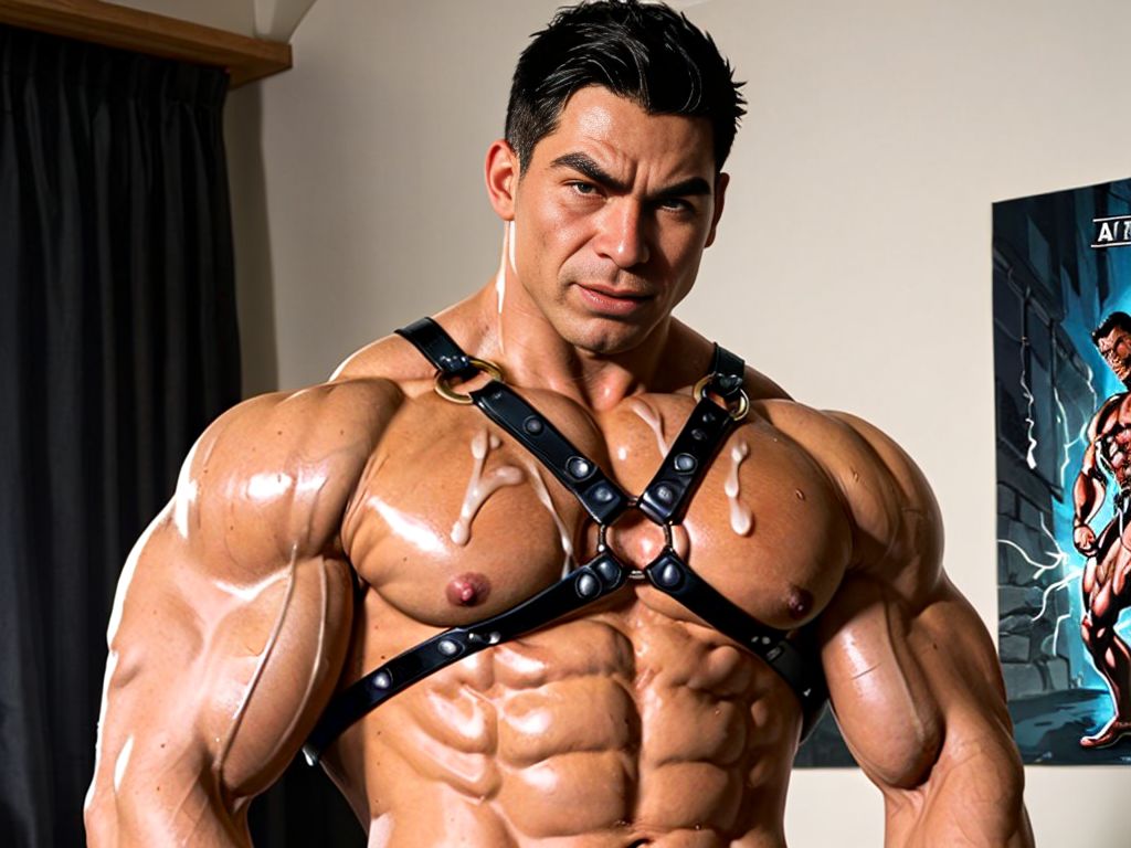 A muscular man wearing a leather harness, his body glistening under the dim lights of a private room, showcasing his strong physique. His cheeks are flushed, and his expression is one of pleasure as he revels in the moment, with traces of fluid glistening on his skin, emphasizing the intensity of the experience. The atmosphere is charged with desire, creating an evocative scene filled with raw sensuality.