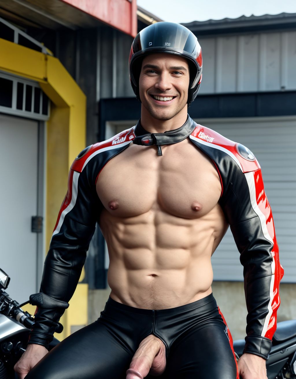 Hombre musculoso semidesnudo, pene visible, torso desnudo, con traje de motorista parcialmente quitado, mostrando pecho y abdomen definidos, sentado en una moto, casco en mano, sonriendo confiadamente, fondo de boxes con mecánicos, iluminación vibrante, texturas hiperrealistas, foco en la figura masculina y la moto