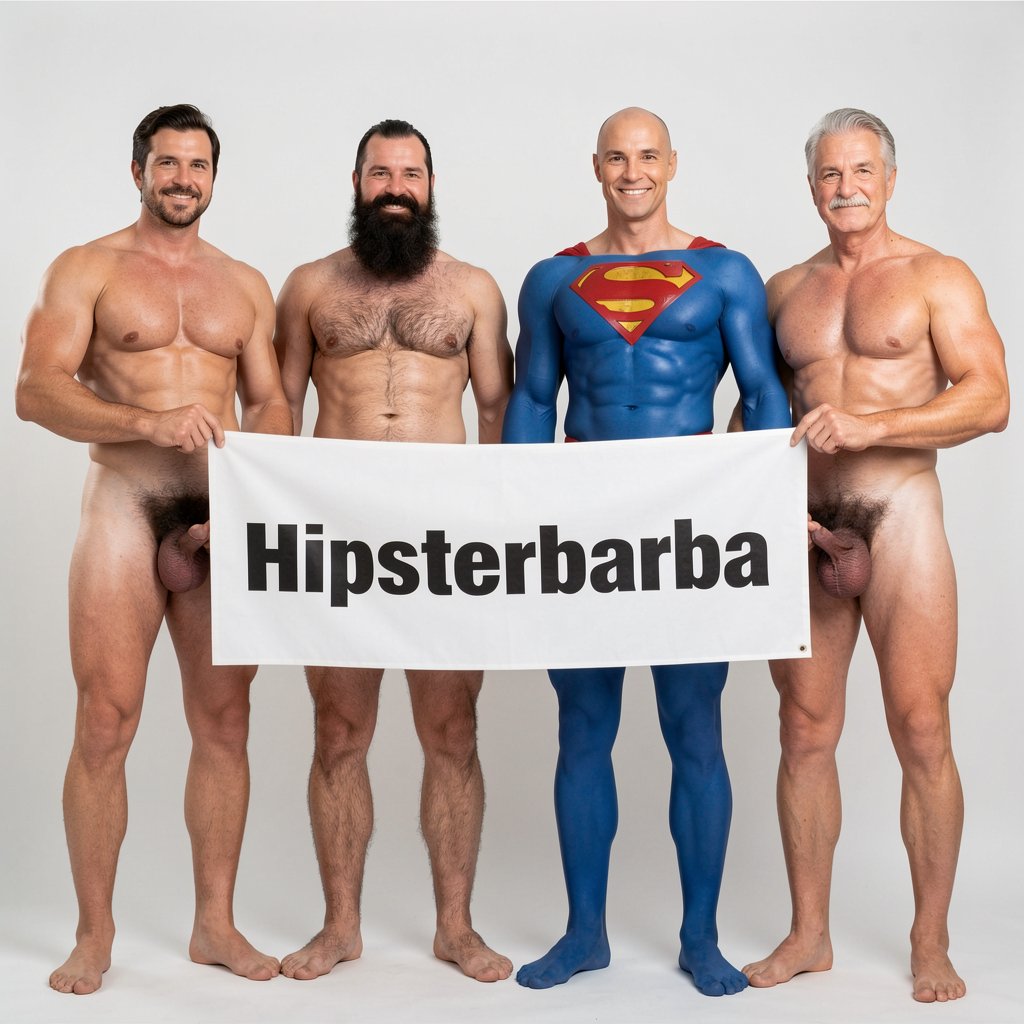 Four naked muscular men holding banner text Hipsterbarba follamos ultra high quality 8K photorealistic: El Comandante Spanish military leader 45 years short gray hair stern commanding face muscular trained body 185cm 85kg standing far left holding left edge of banner with both hands completely naked massive erect uncircumcised penis 25cm thick veiny shaft visible below banner heavy balls alpha dominant stance, Soldado Bartolo Spanish soldier 35 years thick dark full beard short hair very hairy muscular chest arms legs groin 180cm 80kg standing center-left holding banner completely naked large erect uncircumcised penis 18cm thick visible hairy balls masculine hairy build playful smirk, Superman alien superhero 195cm 100kg perfect bronzed smooth hairless skin short black hair with characteristic curl bright blue eyes massive superhuman muscles standing center-right holding banner completely naked enormous erect penis 23cm steel hard thick shaft visible smooth heavy balls god-like physique confident smile, General Rodolfo Castaños 60 years short gray military hair thick gray mustache experienced muscular body 175cm 75kg standing far right holding right edge of banner completely naked thick erect penis 20cm visible mature heavy balls military bearing knowing expression, all four men standing in horizontal row full body visible head to feet holding between them large white fabric banner at chest level with bold black letters spelling Hipsterbarba follamos question mark clearly readable professional typography banner stretched tight all four erect penises balls completely visible below banner military office background professional studio lighting 8K photorealistic resolution masterpiece quality inviting expressions.