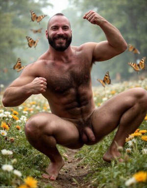 hombre culturista de 35 años posando desnudo de cuerpo completo, sonriente, tensa los bíceps, tiene un pene de 40 cm de longitud y 7 cm de diámetro, grandes dorsales, piernas, cintura estrecha, un poco calvo, grandes pezones rosas. Tiene un pene de 40 cm de longitud y 7 cm de diámetro. Tiene mucho vello en pecho y brazos y piernas. Tiene testículos de 10 kg de peso que están colgando. Tiene pies con sus uñas rojas. Fondo de muchas margaritas de todos los colores y miles de mariposas volando. Está de rodillas en el suelo con las piernas abiertas. Por su pene erecto. 
