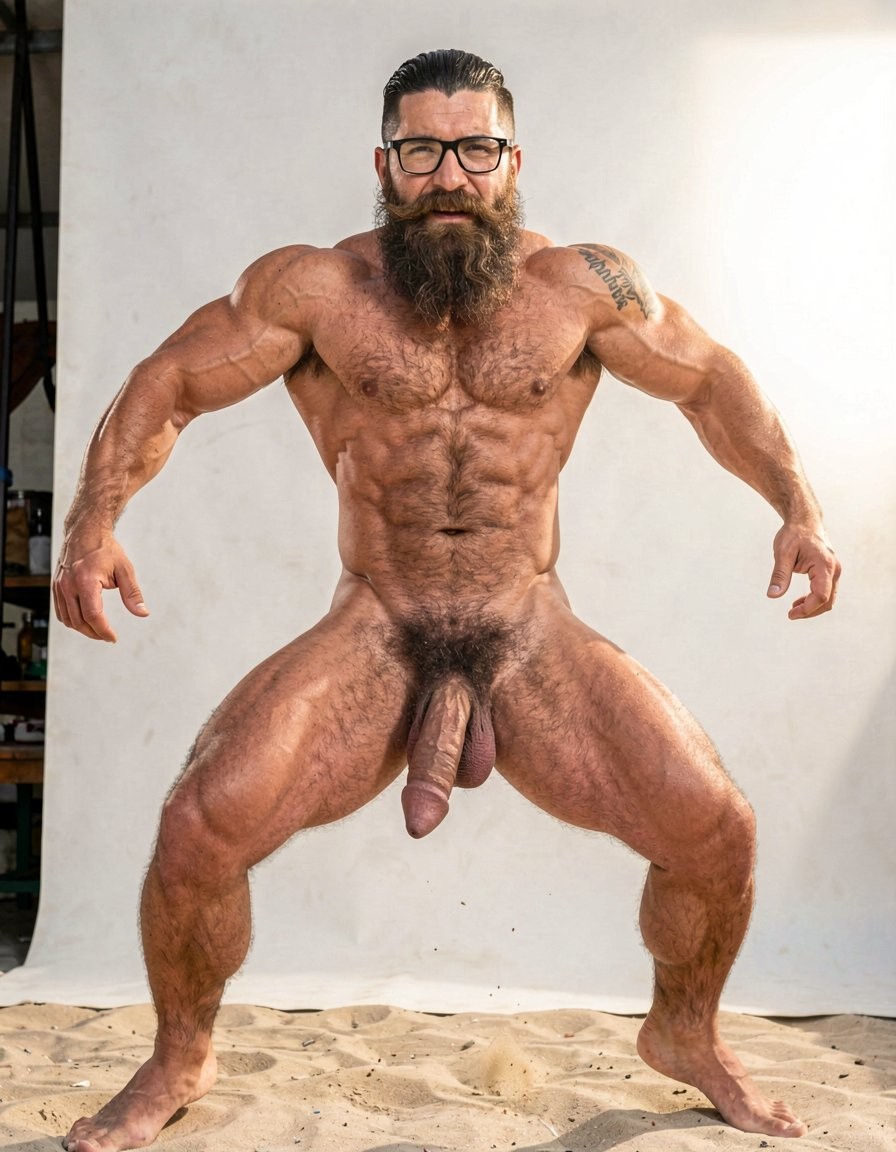 Hombre desnudo de físico extremadamente musculoso posando de pie con las piernas abiertas y los brazos tensados hacia abajo, en una postura de culturismo que resalta pectorales, abdominales marcados, hombros anchos, bíceps, antebrazos y muslos muy definidos. Tiene barba larga y espesa, pelo corto peinado hacia atrás, gafas negras y una expresión seria mirando al frente. El cuerpo aparece cubierto de vello en pecho, abdomen, pubis y piernas, con el pene visible entre los muslos. La escena está iluminada con luz natural sobre un fondo claro tipo estudio, con arena en el suelo y un pequeño tatuaje en el hombro, creando una composición centrada en fuerza, desnudez masculina y musculatura.