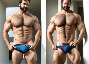 Macho musculoso velludo con cabello y barba oscuros se baja el calzoncillo mostrando su vello púbico y su paquete, está en casa de arquitectura moderna y se le ve duplicado al reflejarse en el espejo de marco blanco. 