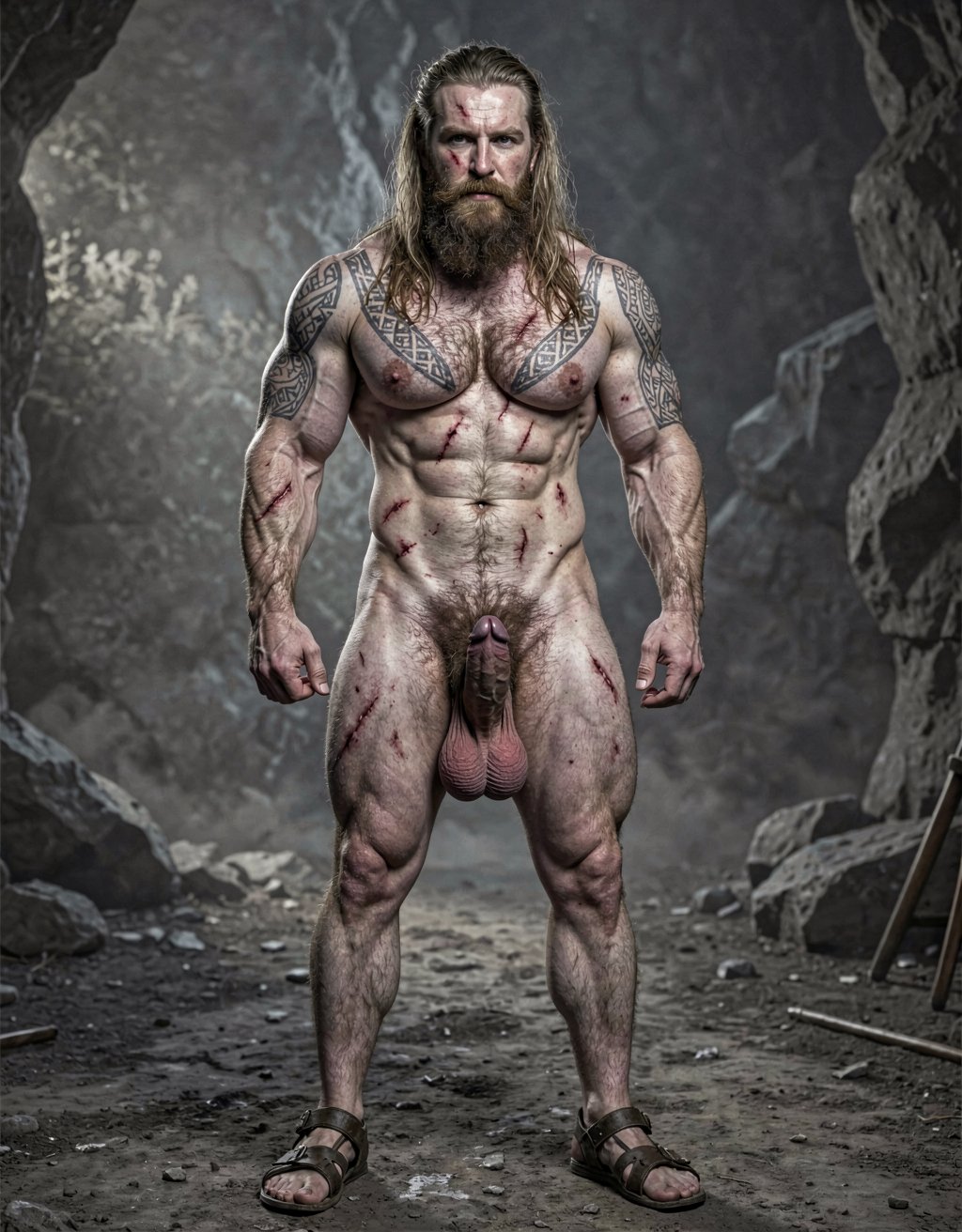 Amleth (Alexander Skarsgård) — Está de cuerpo entero desde los pies hasta la cabeza. Es el protagonista de la historia y es el príncipe vikingo que presencia el asesinato de su padre, el rey Aurvandil. Jura venganza y se convierte en un berserker implacable. Físicamente es una bestia: masivo, tatuado, cubierto de cicatrices, pelo largo y sucio. Su motivación es animal, casi mística. No es un héroe noble; es pura rabia y destino. ---
Altura imponente, unos 194 cm. Cuerpo masivo, musculatura densa y trabajada, no estilizada — parece esculpido a hachazos. Pectorales anchos y marcados y definidos, abdomen marcado pero muy definido como un culturista; es un cuerpo de 7% de grasa corporal, de guerrero que ha pasado años remando, luchando y matando. Hombros desproporcionadamente anchos, cintura más estrecha y pequeña. Brazos fuertes marcados y definidos con venas visibles en antebrazos y bíceps cuando empuña el hacha. Muslos poderosos, pantorrillas fibrosas. Piel pálida, casi grisácea bajo la suciedad y la sangre, cubierta de cicatrices: una grande que le cruza el torso, cortes menores en brazos y costillas. Tatuajes oscuros y densos — símbolos nórdicos, runas, líneas geométricas — que le cubren el pecho, los hombros y parte de la espalda. Vello corporal oscuro, especialmente en el pecho y el pubis. Cara angulosa, mandíbula cuadrada, pómulos marcados. Barba espesa y desigual, más larga en la barbilla, mezcla de rubio sucio y castaño claro, a menudo enmarañada. Pelo rubio sucio, largo, lacio, con mechones más oscuros por la mugre, a veces recogido. Cejas espesas, ojos azul pálido, mirada fija y desquiciada, con un brillo de locura contenida. Labios finos y agrietados. Cicatriz en el labio superior que le tira ligeramente la comisura. Su olor sería a cuero mojado, sudor rancio, hierro y tierra.
Tiene una polla proporcional a su tamaño de 22 cm de largo y 4 cm de ancho; está circuncidado, con el glande grueso y visible; el tronco del pene es largo, con venas marcadas que le recorren el lateral; tiene un vello púbico denso, oscuro, en forma de V invertida que le sube hasta el ombligo; tiene testículos grandes, colgando ligeramente asimétricos, con la piel del escroto arrugada y más clara que el resto del cuerpo; el pene erecto se curva ligeramente hacia arriba, con la cabeza bien definida y el frenillo tirante; su pene es una herramienta brutal, acorde con el berserker que la porta. Lleva sandalias vikingas en sus pies. Tiene mucho vello corporal, sobre todo en el pecho.
