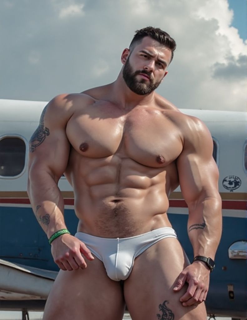 Aviador militar hiper masculino y extremadamente musculoso posa en calzoncillos delante de su aeronave. 