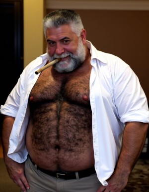 Un hombre de 70 años grande, gordo y muy peludo. Lleva la barba recortada y el pelo engominado hacia atrás. Es un auténtico macho español. Lleva el pantalón apretado y se le marca el paquete. En la parte de arriba solo lleva una camisa blanca abierta. Está sudado y sonriendo con un puro en la boca. Mira hacia el frente para sentir que te está mirando hacia tí. Tiene la mirada lasciva. Los pezones son gordos.