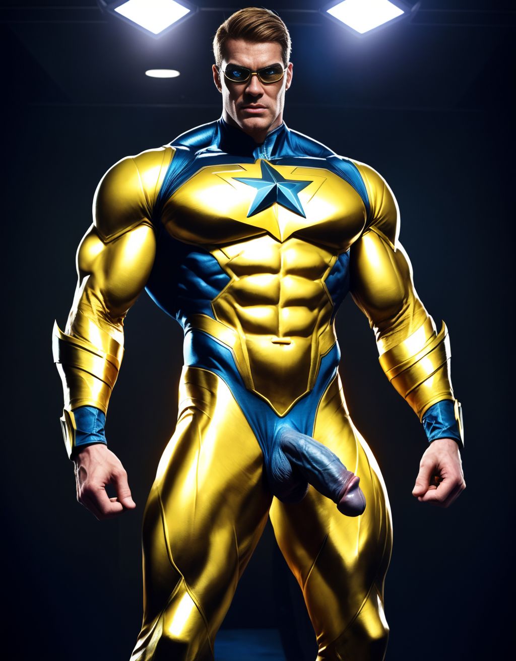  Booster Gold. Tiene el pene grande de donde sale mucho semen. Tiene los testículos grandes y peludos. Está de cuerpo entero y de pie.