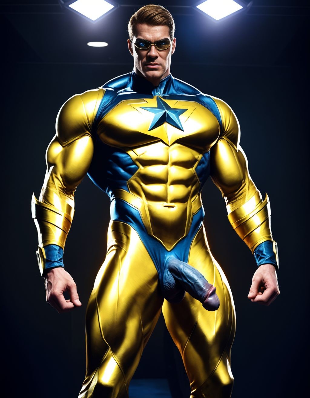  Booster Gold. Tiene el pene grande de donde sale mucho semen. Tiene los testículos grandes y peludos. Está de cuerpo entero y de pie.