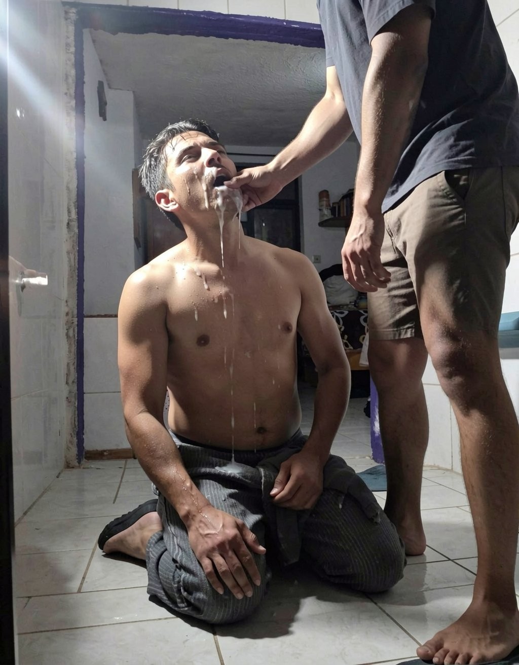 Un hombre sin camiseta está arrodillado sobre un suelo de baldosas blancas, con un pantalón oscuro bajado parcialmente hasta los muslos y la mano apoyada cerca de la cintura, mientras mira hacia arriba con la boca abierta. Frente a él, otro hombre de pie, vestido con camiseta oscura y pantalón corto, le sujeta o toca la cara con una mano; ambos están descalzos. Un líquido blanco espeso cae desde la boca y la barbilla del hombre arrodillado, resbalando por el cuello, el pecho y el abdomen, creando una escena íntima y explícita de dominación y sumisión. El entorno parece un baño o habitación sencilla con paredes claras, puerta lateral, luz directa y sombras marcadas.