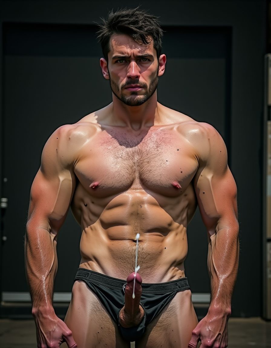 hoyuelo en barbilla, mentón hendido, el mentón está limpio y bien afeitado, NO BARBA y NO BIGOTE, de una cara masculina de un hombre muy viril y musculoso y guapo y sexi de 40 años que tiene mandíbula fuerte y cuadrada, destacando una fisura vertical marcada en el centro del mentón que es el hoyuelo. La cara es de un hombre español musculoso culturista, torso desnudo, constitución corporal extremadamente desarrollada escultural, boca cerrada en sonrisa torcida arrogante burlona, labios carnosos, ojos verdes claro profundos con mirada penetrante directa a cámara cargada de cinismo y dominancia, cejas pobladas densas, cabello denso despeinado hacia atrás en copete desordenado con mechones rebeldes cayendo sobre frente y sienes mostrando textura natural sin producto, cuello musculoso con nuez prominente visible, trapecios enormes elevados como montañas a ambos lados del cuello, pecho descomunal con pectorales gigantescos separados con hendidura profunda central cada fibra muscular visible bajo piel bronceada cubiertos completamente por alfombra densa de vello negro formando manto tupido salvaje sobre toda la superficie con pezones oscuros erectos asomando entre pelaje espeso, abdomen perfectamente esculpido en tableta de ocho secciones profundas con sombras dramáticas entre cada músculo, oblicuos cortados laterales, línea de vello negro denso descendiendo desde centro del pecho entre pectorales por esternón sobre cada abdominal hasta ombligo donde se ensancha formando trail oscuro salvaje continuando descendiendo, brazos con bíceps de gran tamaño con cabezas musculares divididas y venas gruesas azules serpenteando por toda superficie, tríceps marcados en herradura, deltoides esféricos estriados, antebrazos masivos cubiertos de vello negro denso con venas prominentes bajando hasta muñecas, dorsales anchos como alas creando V invertida brutal, piel clara ligeramente bronceada con poros visibles micro imperfecciones naturales lunares y marcas sutiles, vello corporal negro abundante cubriendo completamente pecho abdomen brazos antebrazos cuello en densidad natural masculina sin recortar, iluminación natural lateral dramática creando sombras duras acentuando cada músculo, fondo neutro desenfocado, estilo fotografía editorial cruda realista, grano fotográfico sutil, colores naturales intensos saturados. Está totalmente desnudo. Tiene un  pene erecto enorme de 35 centímetros de largo y muy grueso apuntando hacia arriba entre su cuerpo, venas gruesas pulsantes marcadas recorriendo todo el tronco de su pene, glande hinchado enorme brillante de color rojo púrpura, testículos extremadamente grandes gordos y pesados colgando muy abajo descolgados entre las piernas con piel arrugada tensa bajo el peso, el pene eyaculando activamente múltiples chorros gruesos abundantes de semen blanco espeso disparándose de la punta con fuerza, semen resbalando copiosamente por el glande y tronco formando hilos blancos espesos, gotas gruesas de semen cayendo entre su cuerpo. Tiene anillo de plata en el dedo hallux (primer dedo del pie) de sus pies. Crea imagen del personaje descrito de cuerpo entero desde los dedos de sus pies hasta su cabeza, todo el cuerpo desnudo a la vista de la cámara. Tiene sandalias en sus pies. Fotografía hiperrealista de ultra alta definición 8K plano lateral del cuerpo completo.